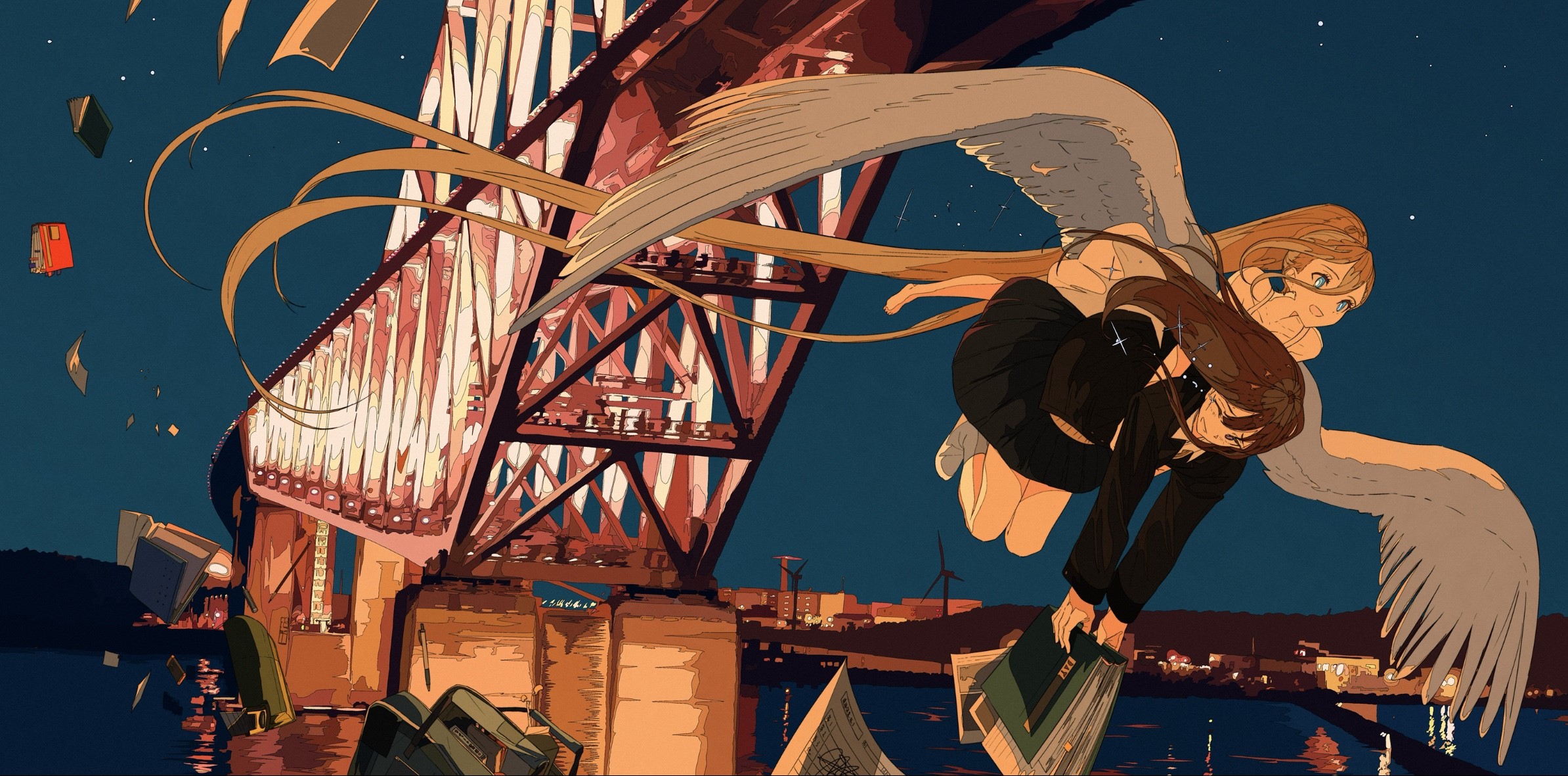Anime girl with wings flying over a bridge at night HD Wallpaper
