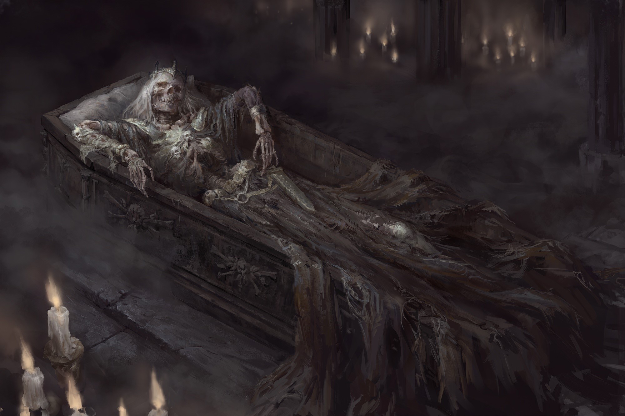Skeleton King in a Coffin with Candles HD Wallpaper