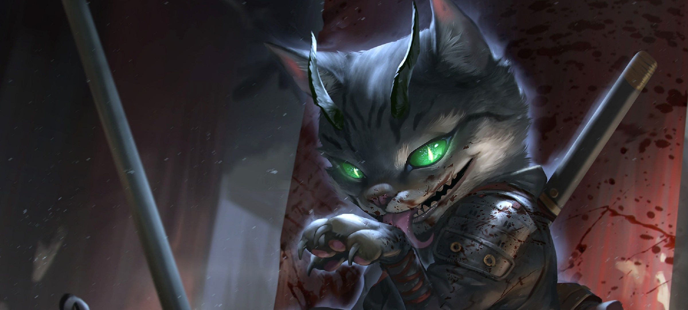 Anthropomorphic cat warrior with green eyes and swords HD Wallpaper