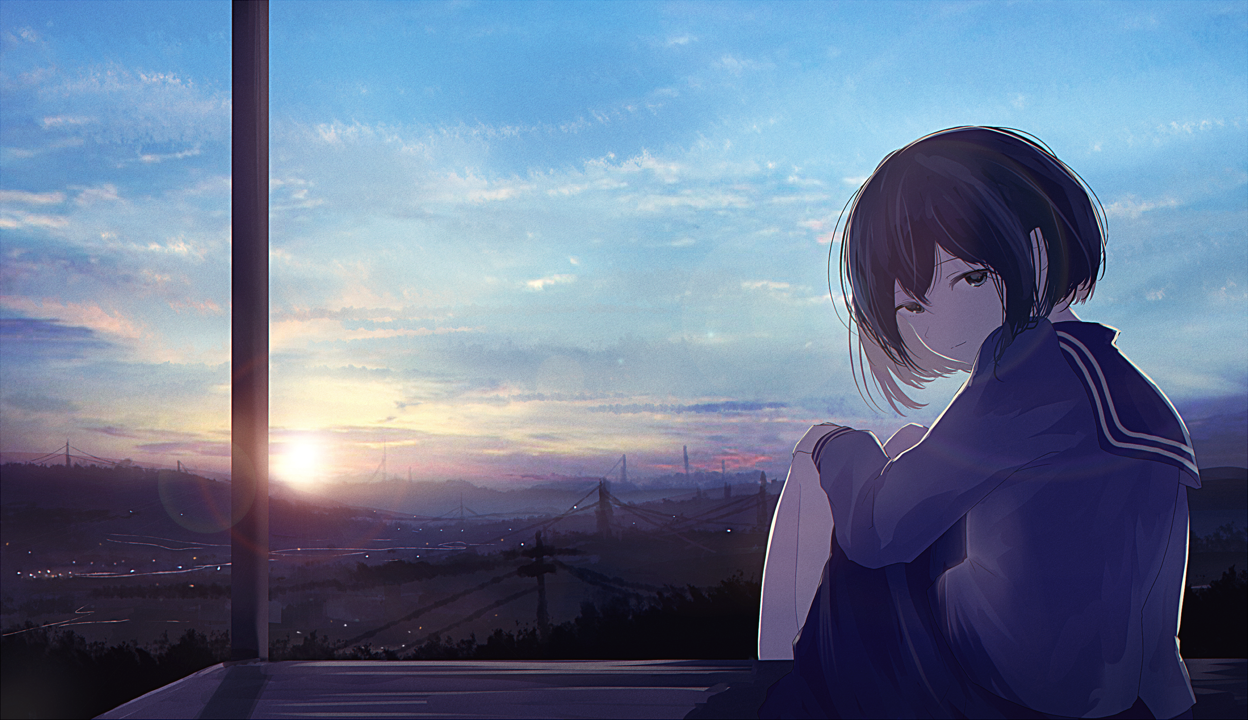Anime girl in school uniform watching the sunrise HD Wallpaper