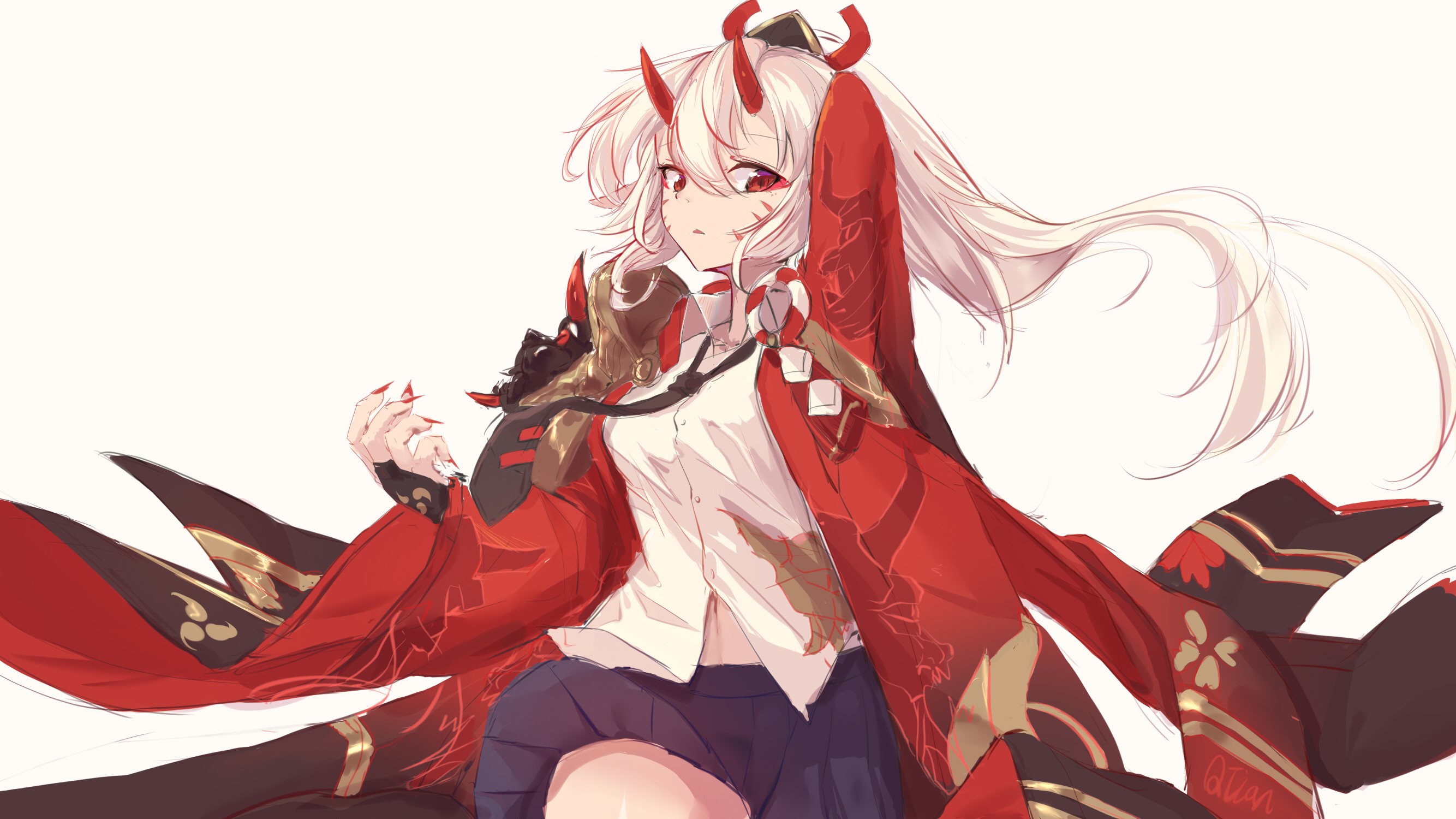 Anime girl with white hair, red horns, and red kimono HD Wallpaper