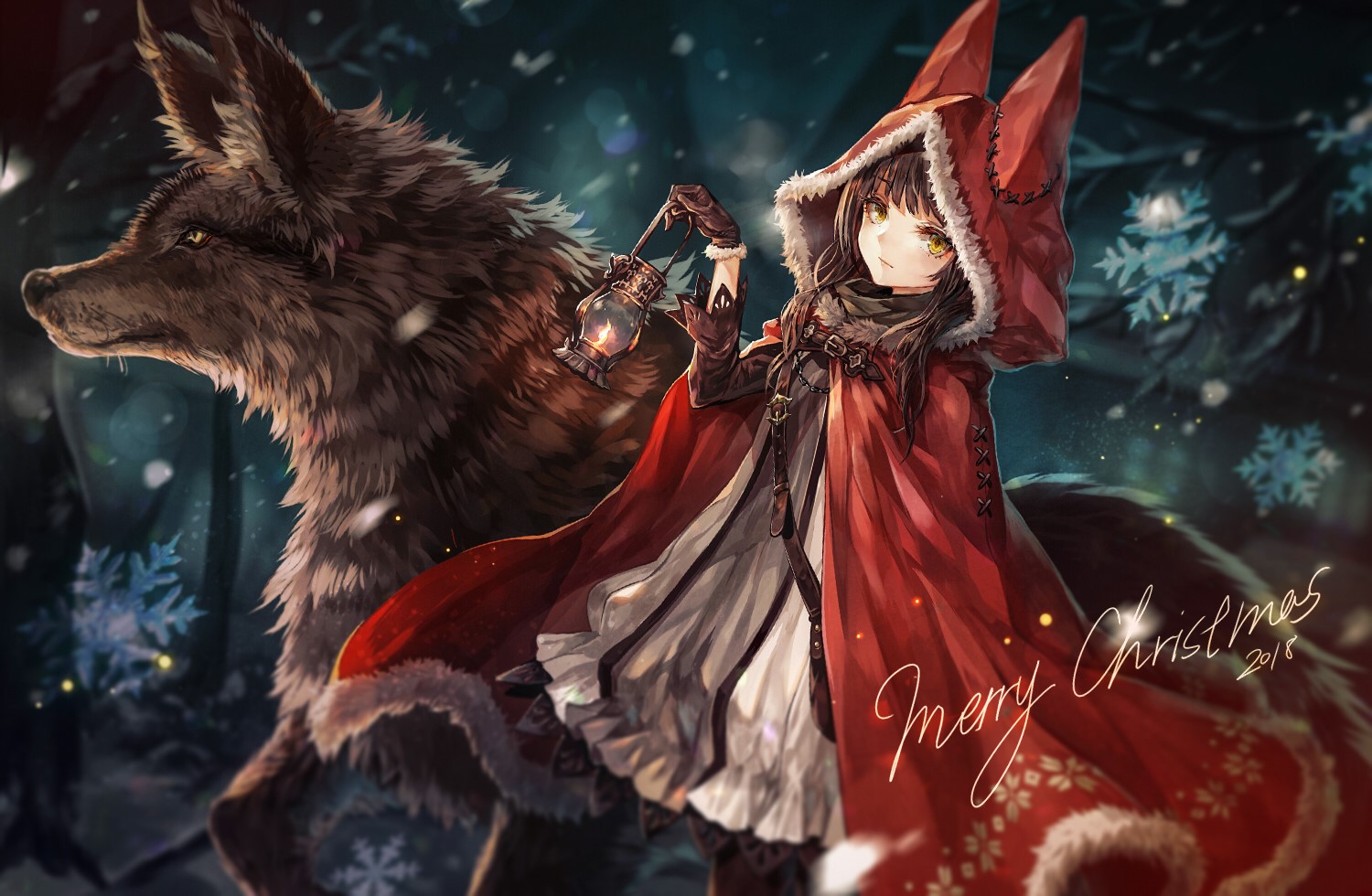 Little Red Riding Hood and wolf in a snowy forest HD Wallpaper