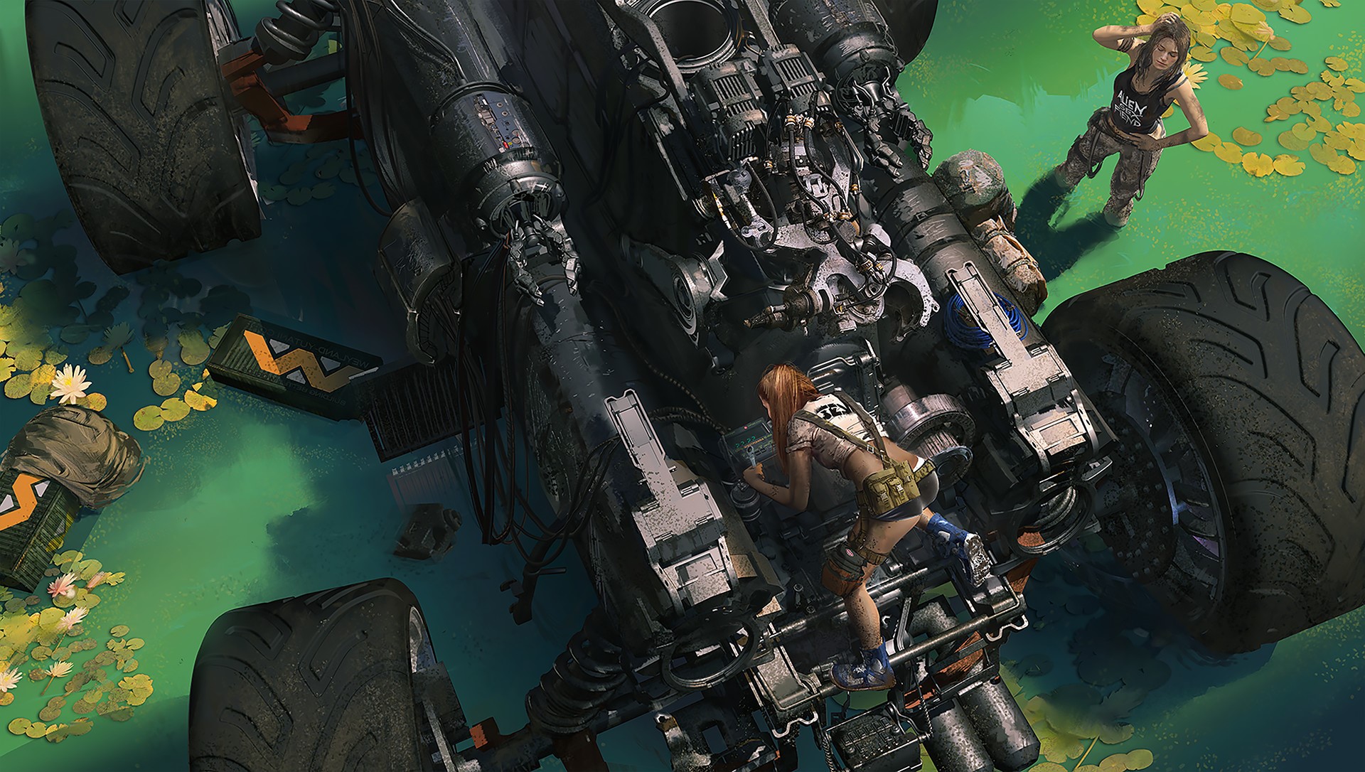 Women working on a futuristic vehicle in a swamp HD Wallpaper