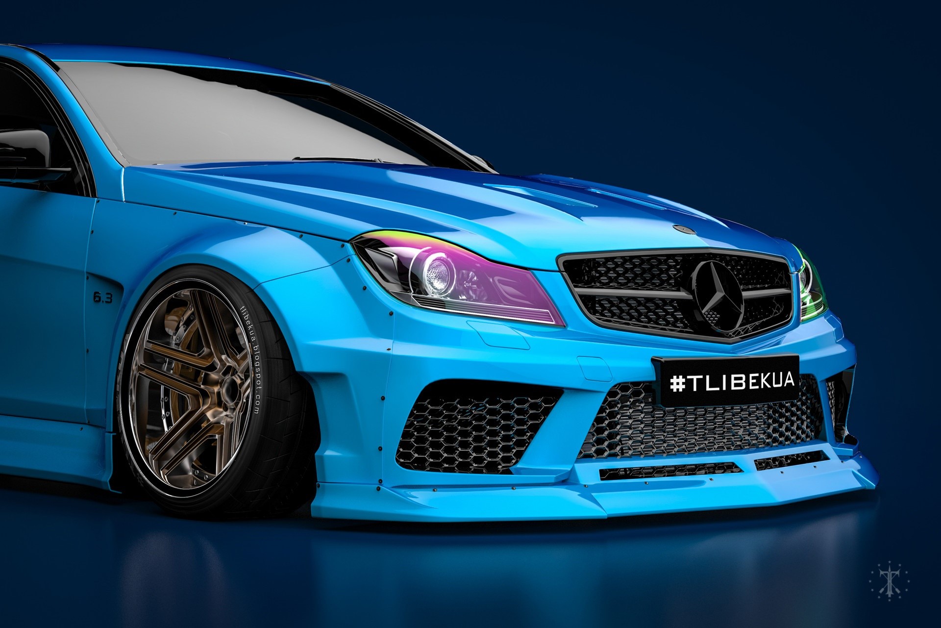 Blue Mercedes-Benz C63 AMG with custom body kit HD Wallpaper