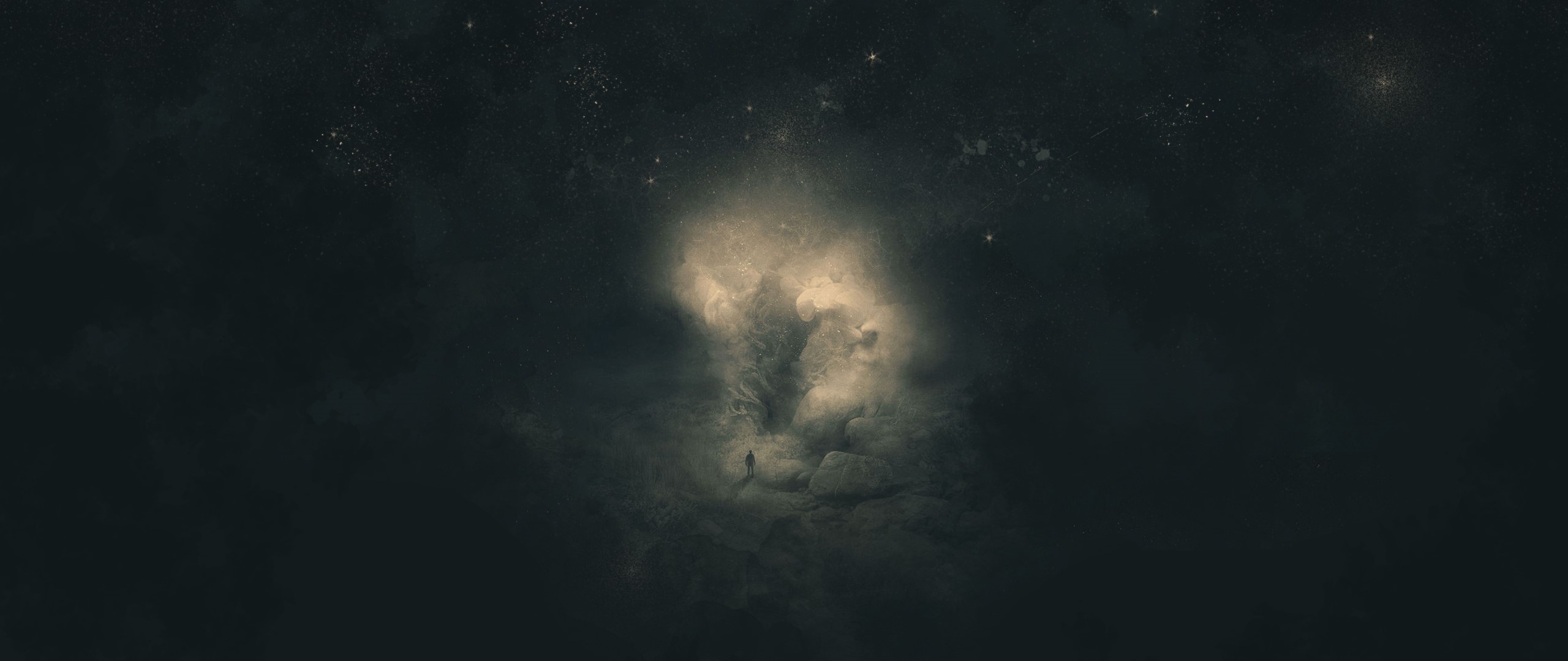 A lone figure stands in a cosmic nebula with stars HD Wallpaper