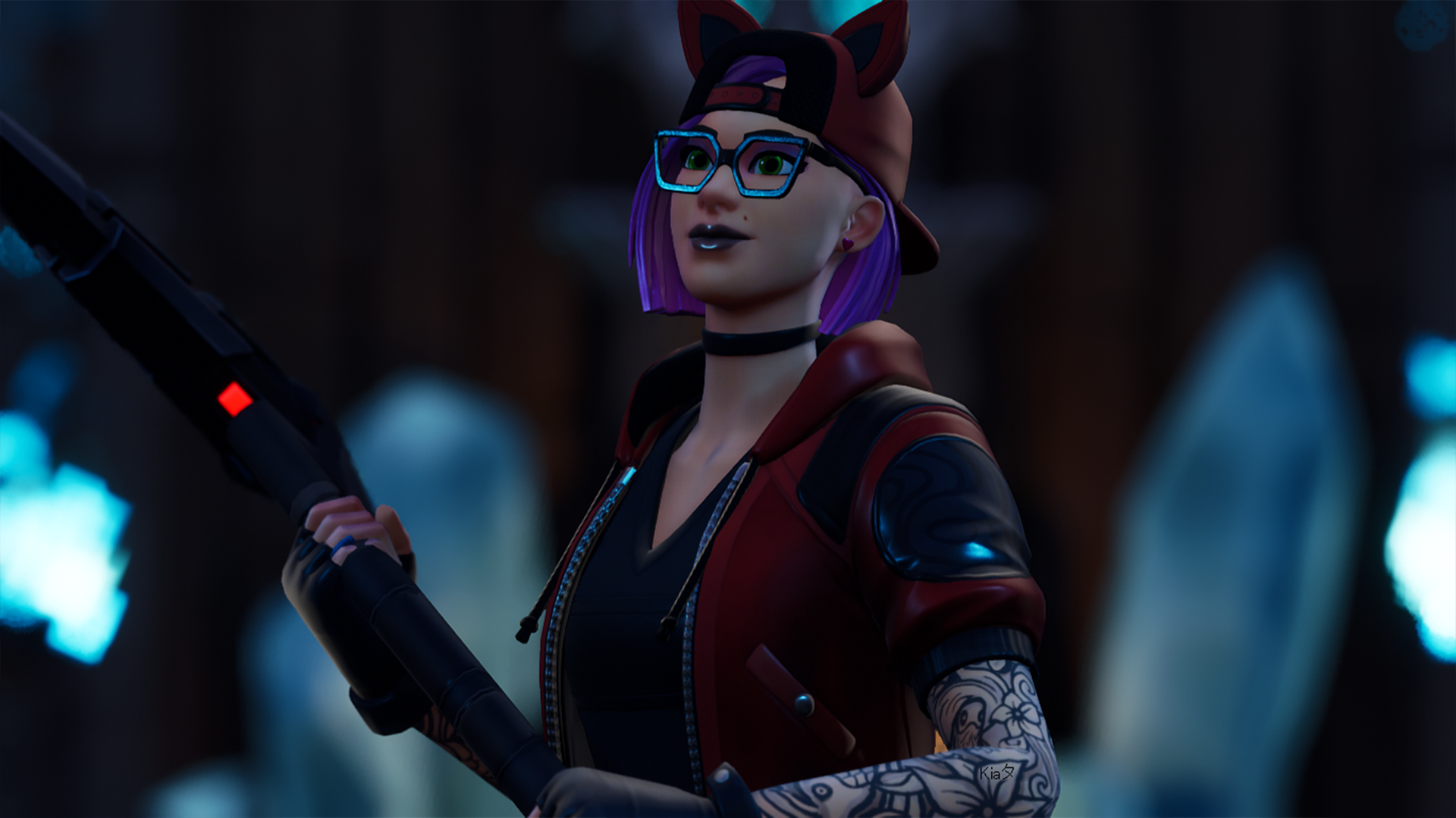 Fortnite character with cat ears hat and glasses holding a rifle HD Wallpaper