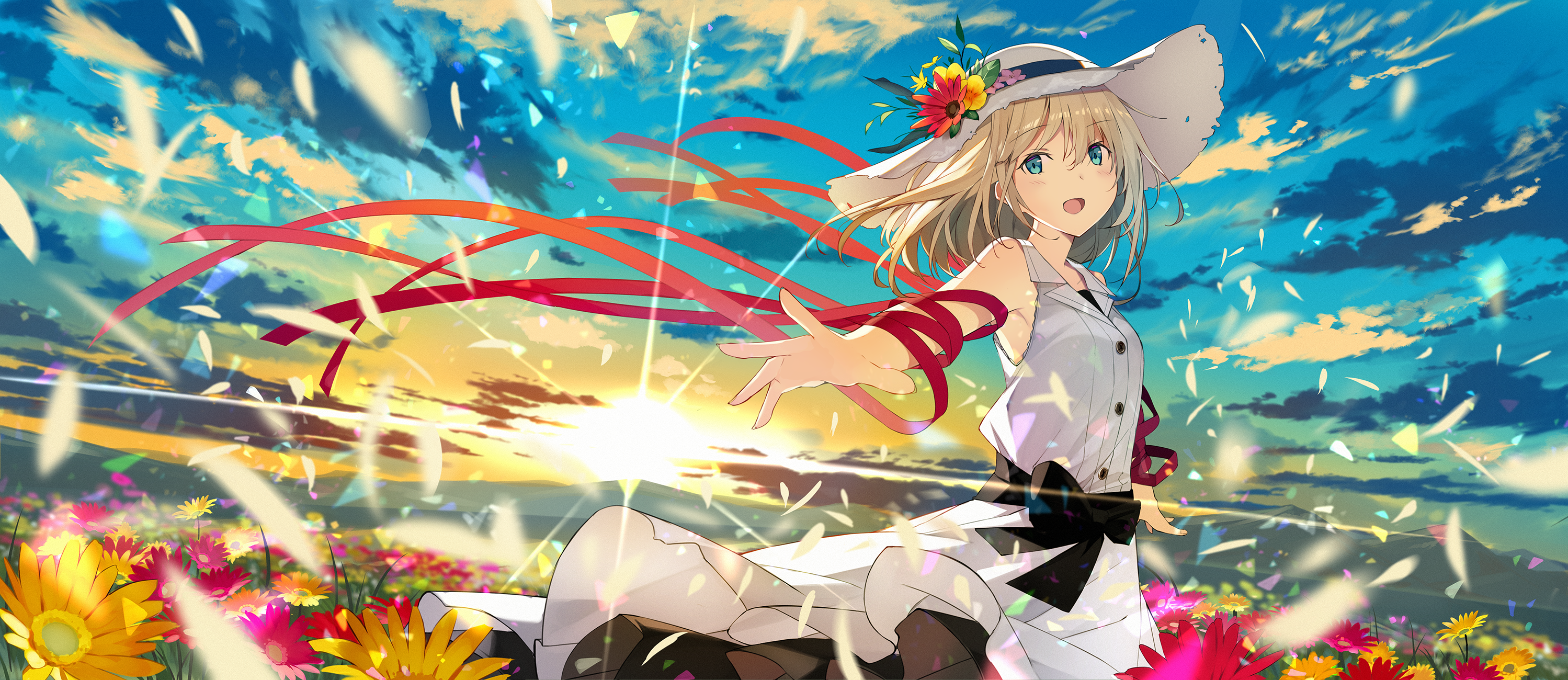 Anime girl with blonde hair and blue eyes in a field of flowers HD Wallpaper