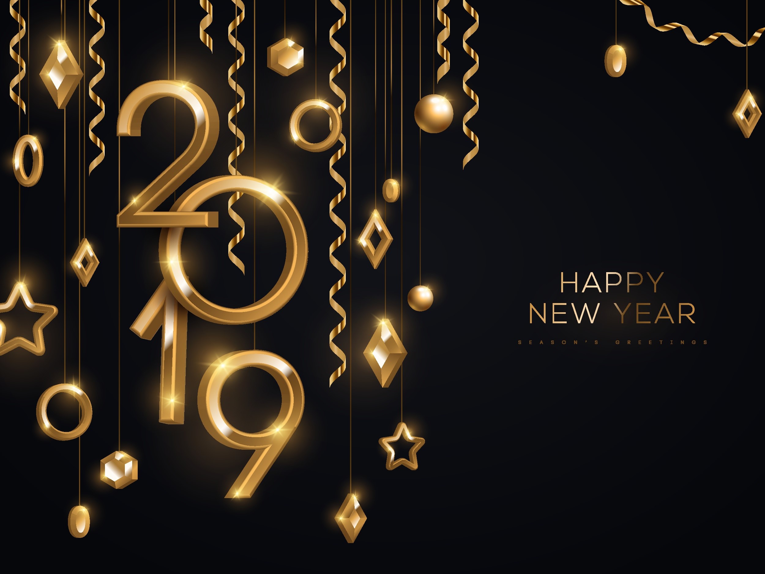 Happy New Year 2019 gold ornaments HD Wallpaper