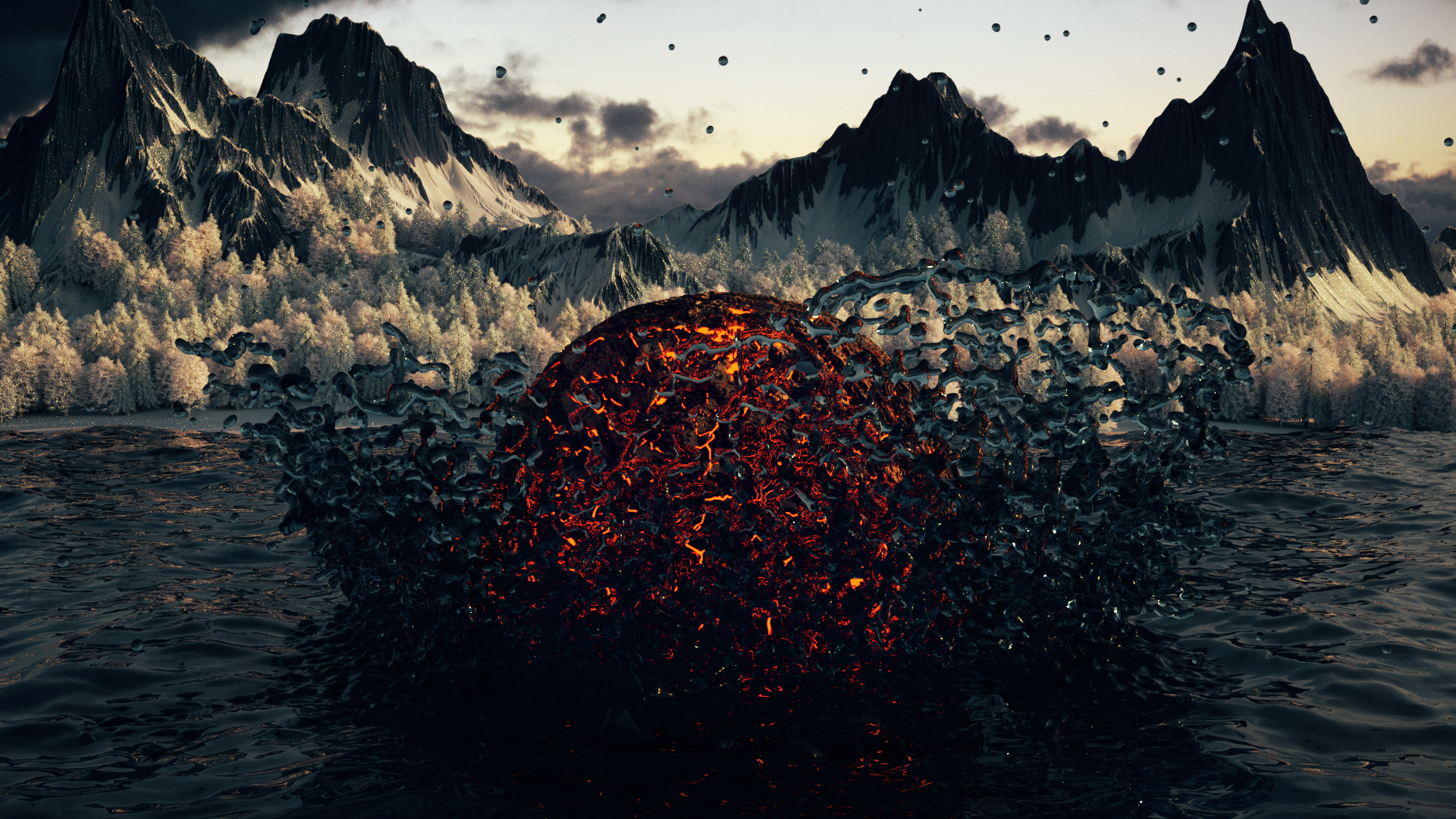 Molten sphere erupting in water with snowy mountains HD Wallpaper