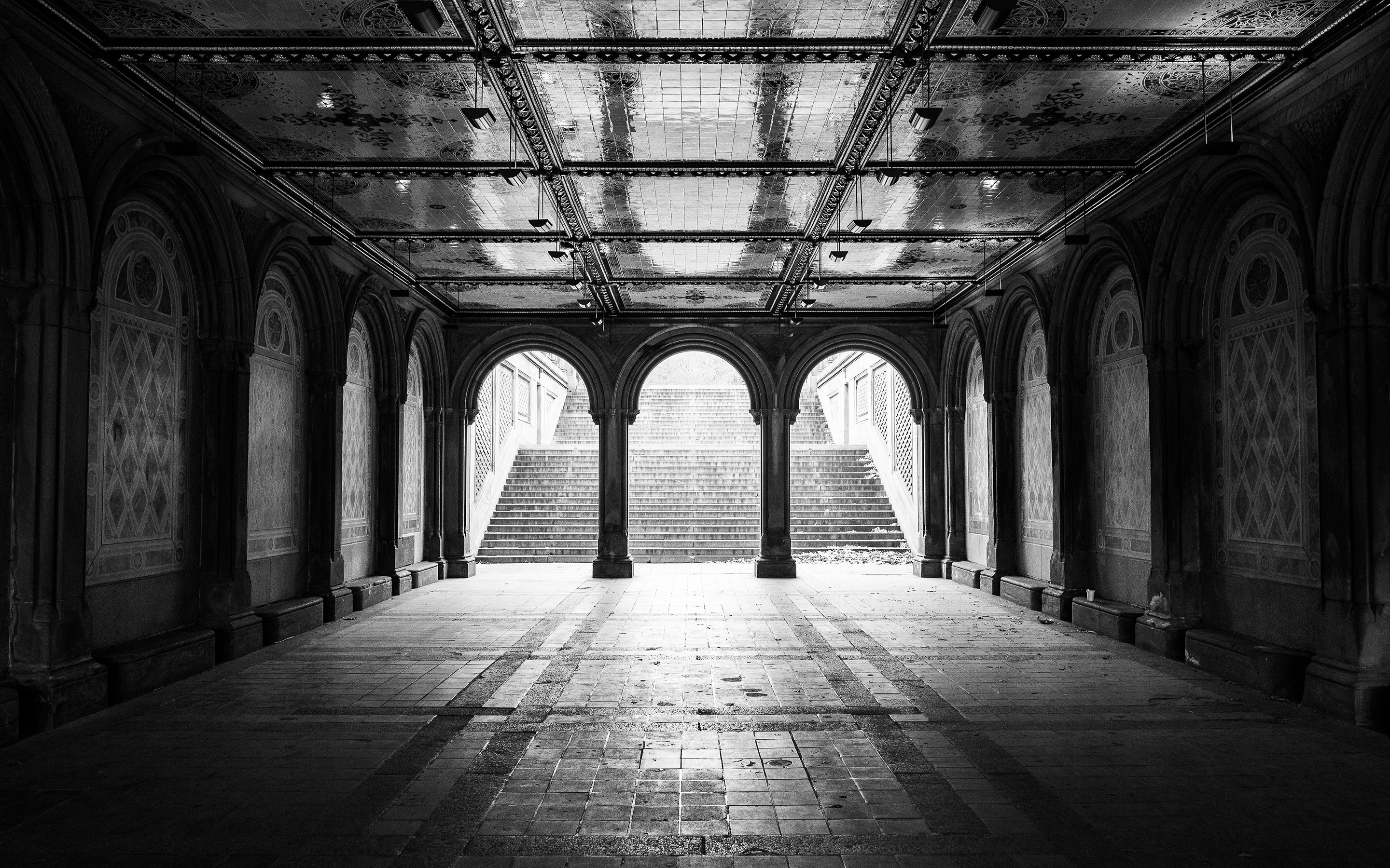 Bethesda Terrace arches and stairs in Central Park, New York City HD Wallpaper
