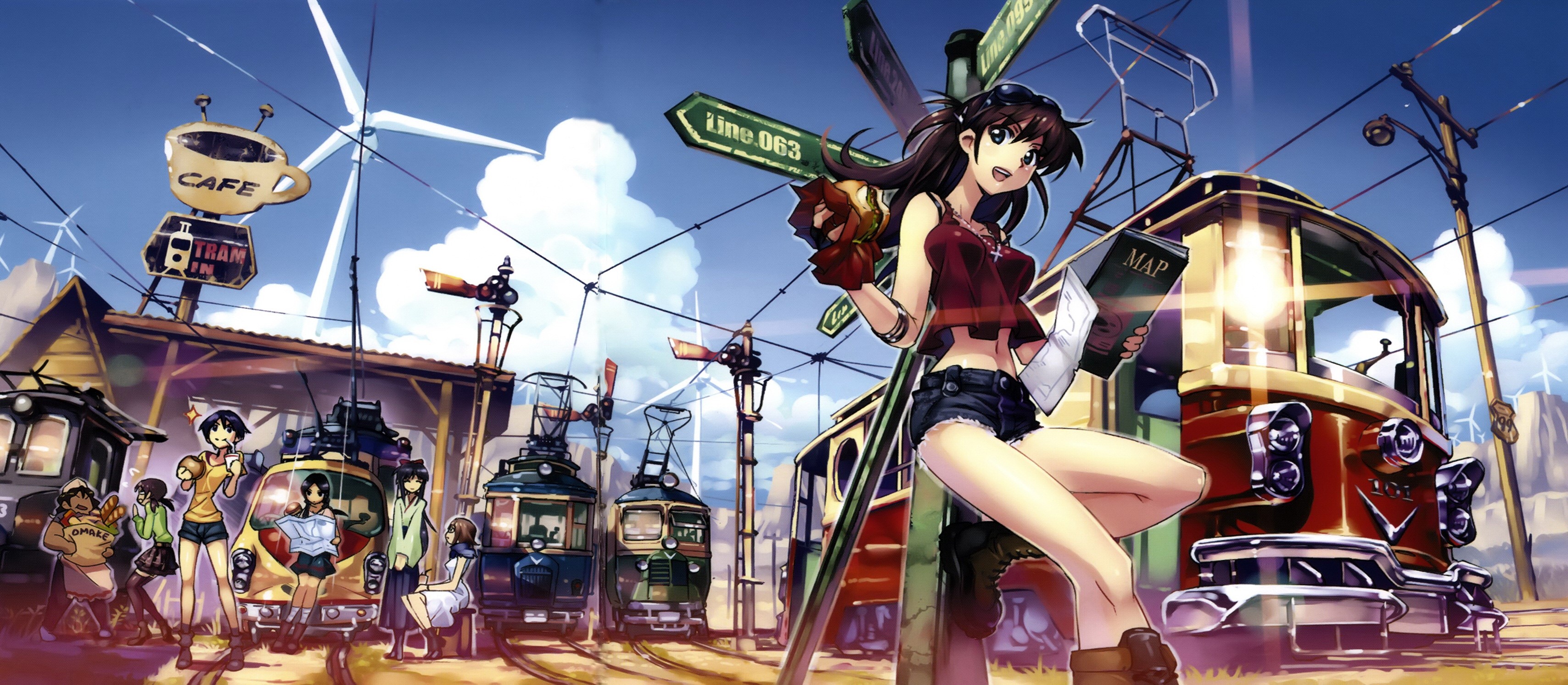 Anime girls at a tram station with cafes and wind turbines HD Wallpaper