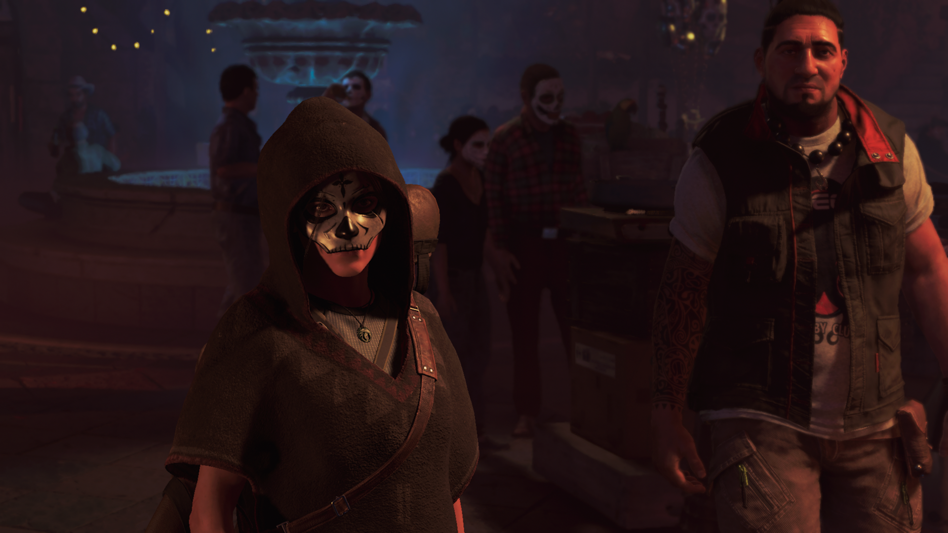 Lara Croft from Shadow of the Tomb Raider with masked figures HD Wallpaper
