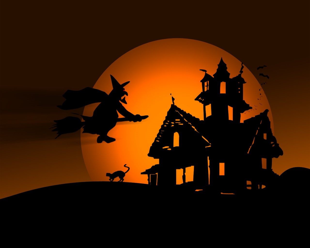 Halloween witch flying over haunted house with black cat HD Wallpaper
