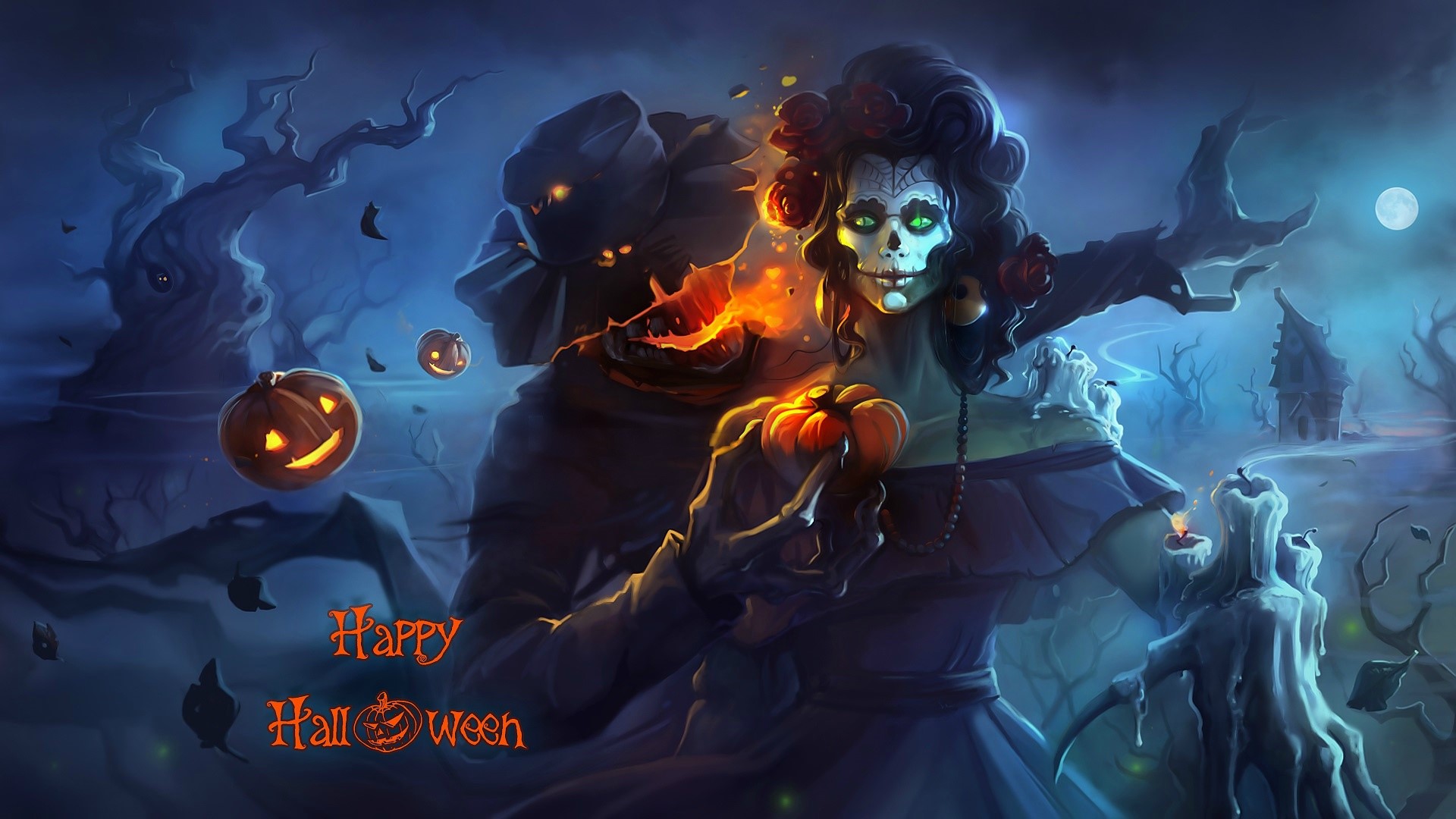Halloween artwork with Day of the Dead woman and scarecrow HD Wallpaper