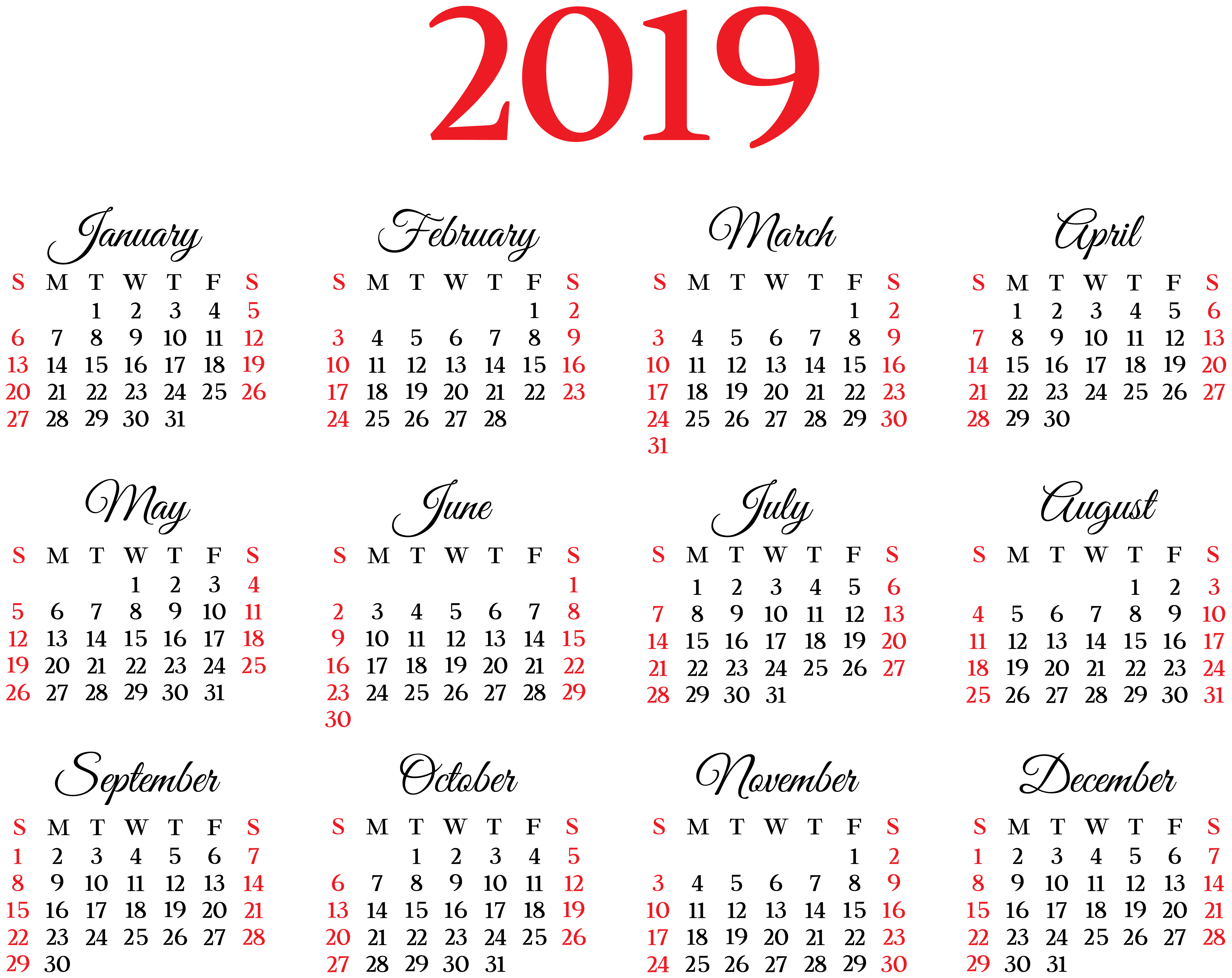 2019 Calendar with Months and Numbers HD Wallpaper
