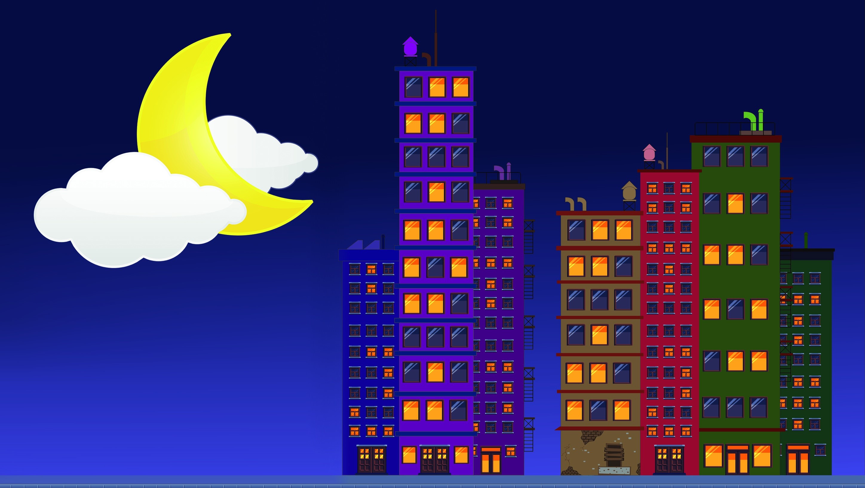Night cityscape with crescent moon and clouds HD Wallpaper