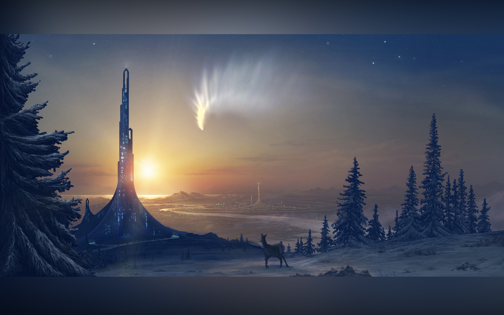 Futuristic city with a comet in the sky HD Wallpaper