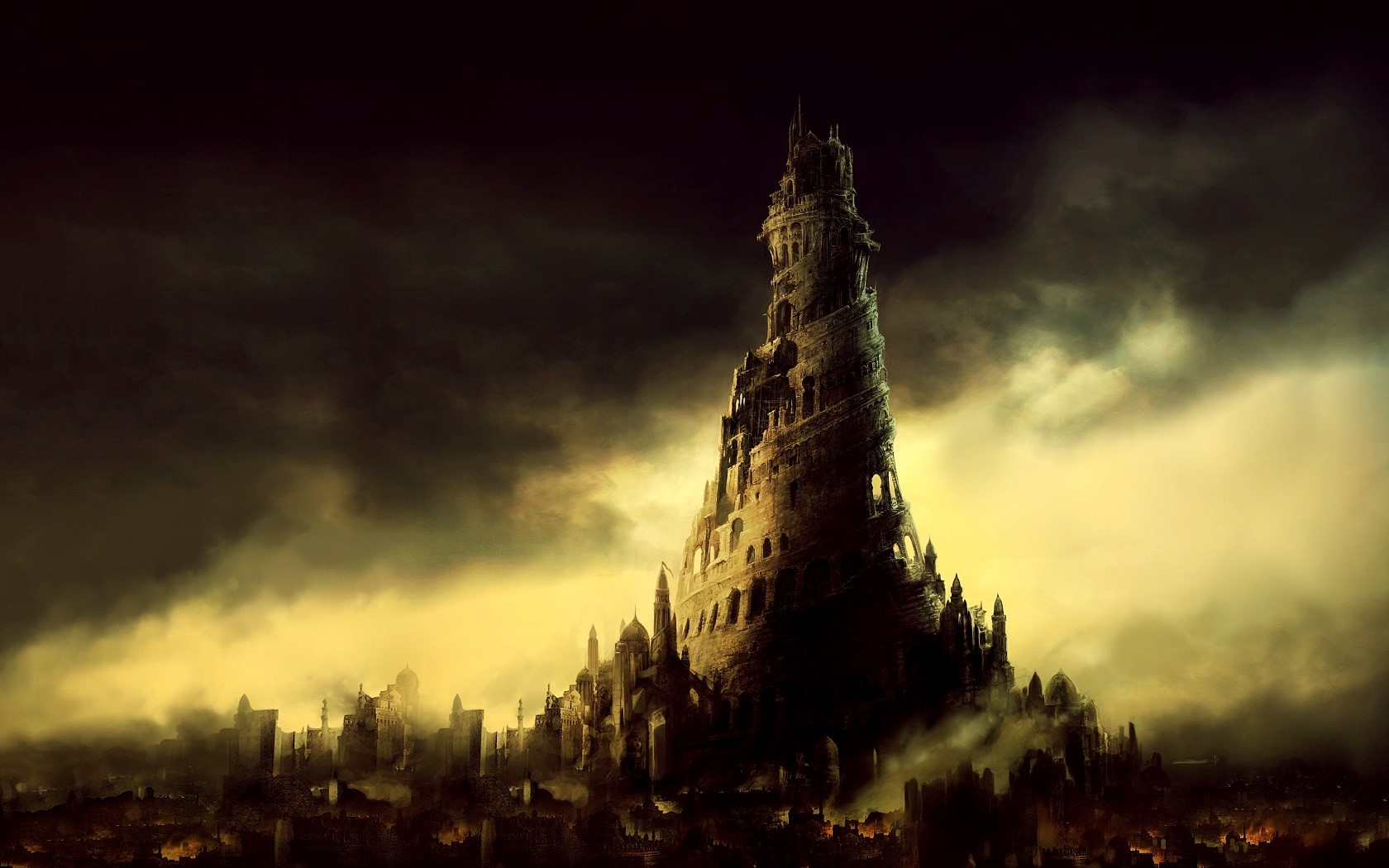 Apocalyptic tower in a dark, smoky city HD Wallpaper