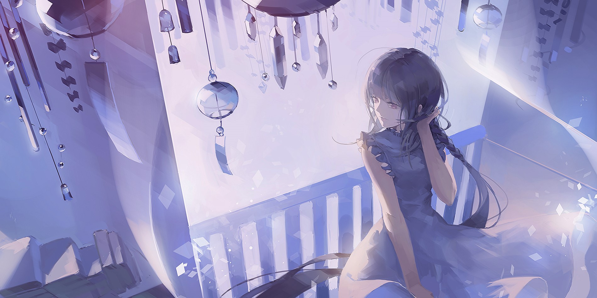 Anime girl in a blue dress with wind chimes HD Wallpaper