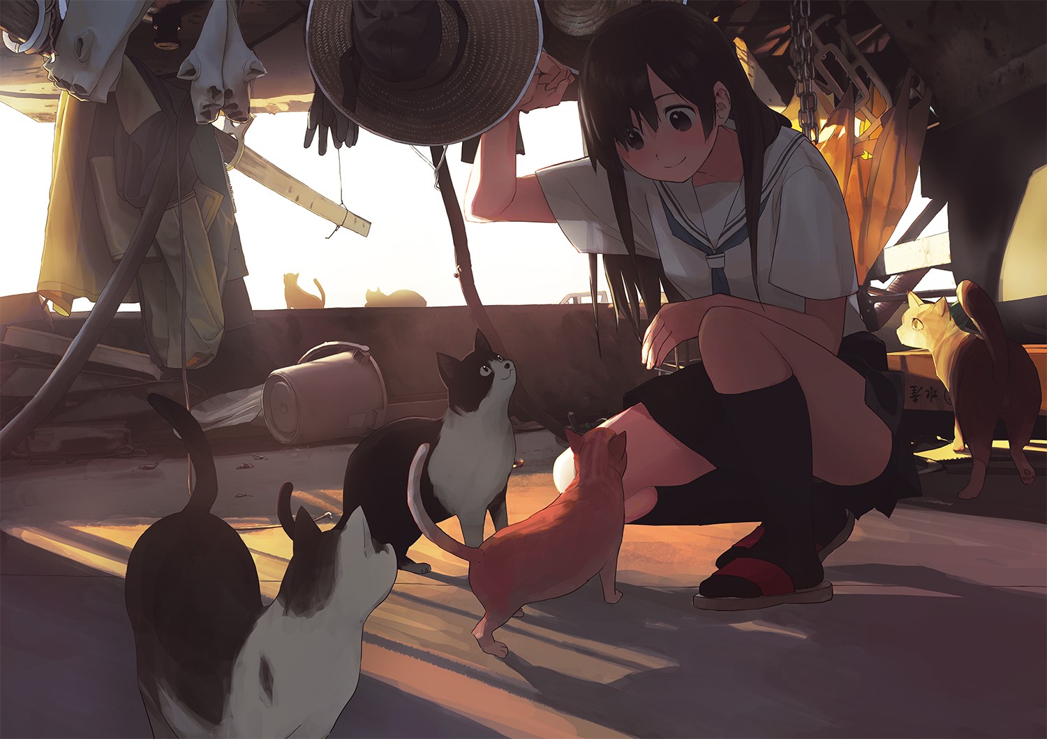 Anime girl with cats in a rustic setting HD Wallpaper