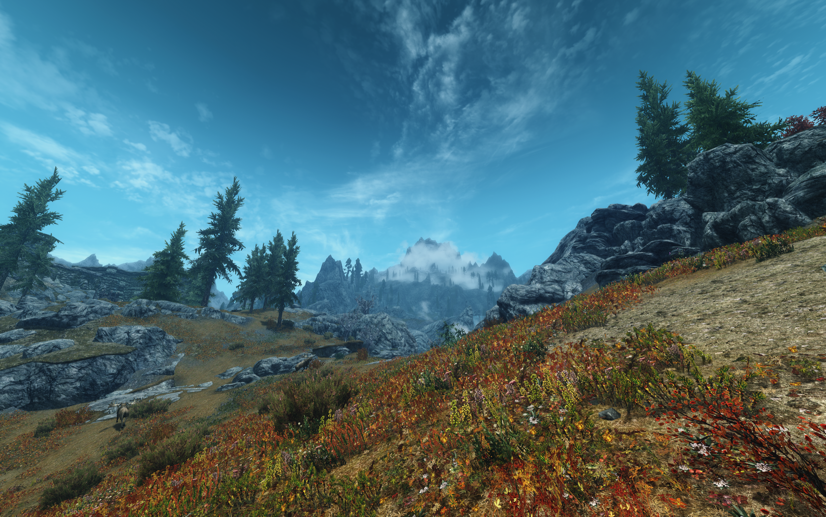 The Elder Scrolls V: Skyrim landscape with mountains and trees HD Wallpaper