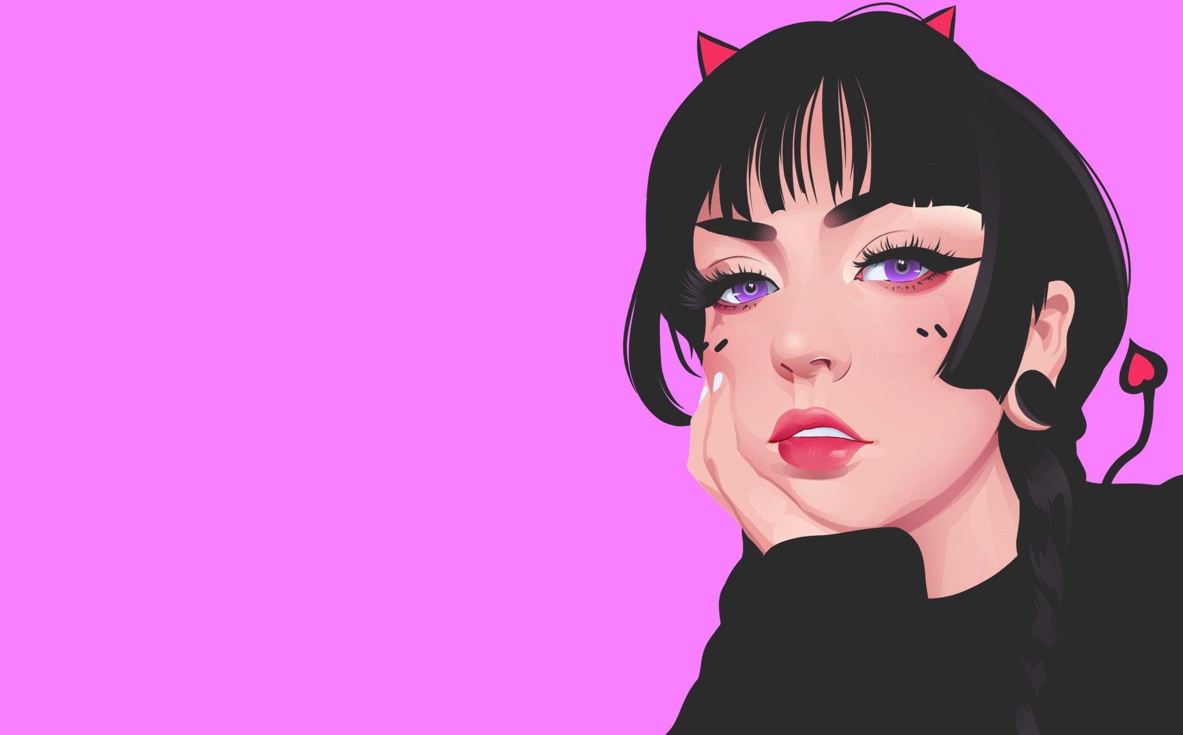 Anime girl with devil horns and purple eyes HD Wallpaper