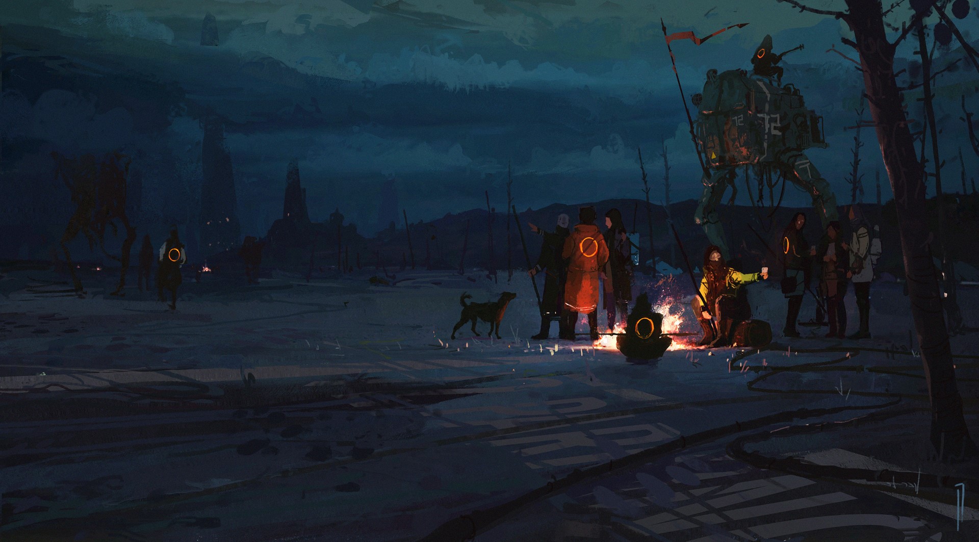 Fantasy art of robots and people in a snowy landscape HD Wallpaper