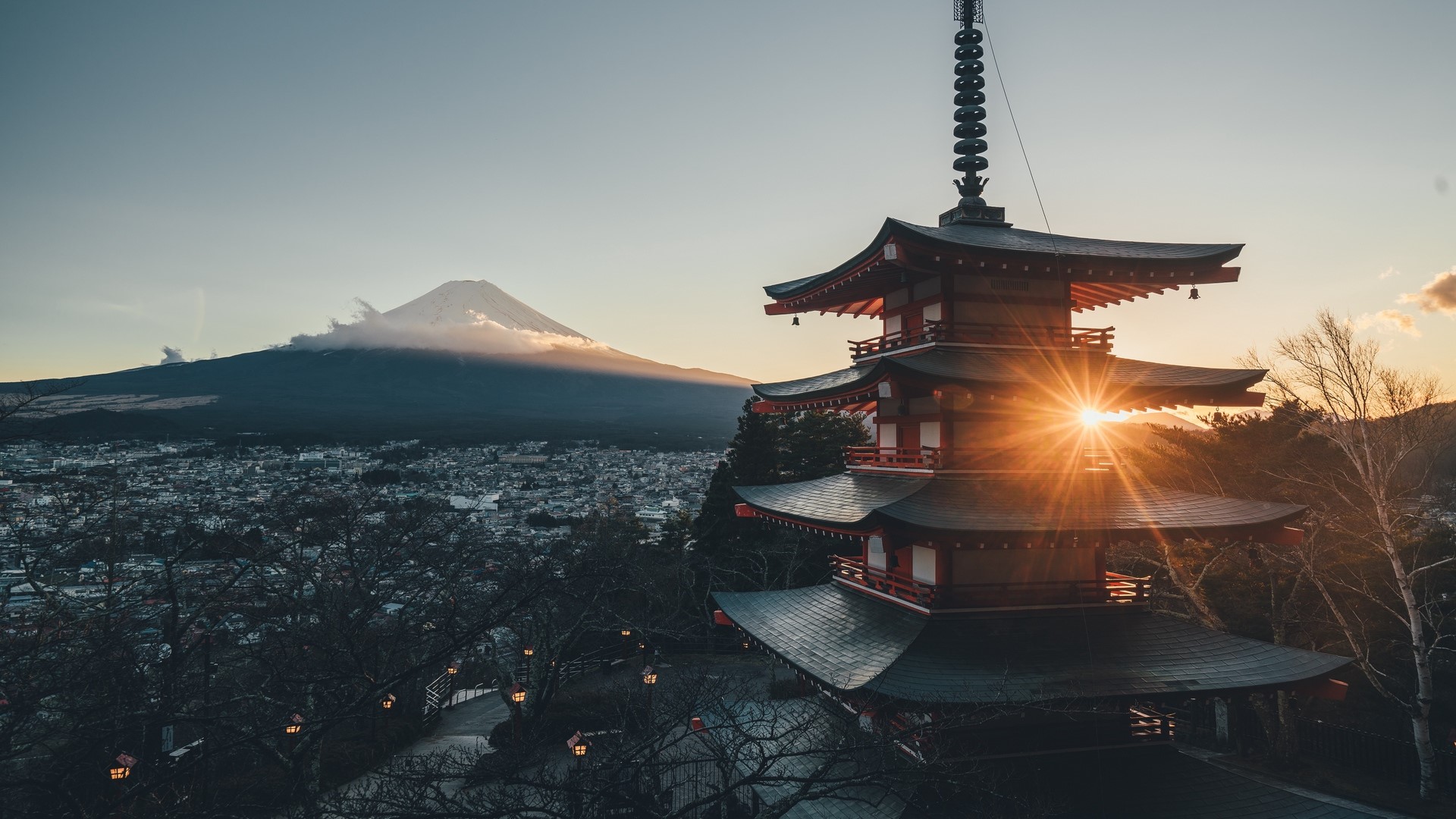 Pagoda and Mount Fuji at sunset, Japan HD Wallpaper