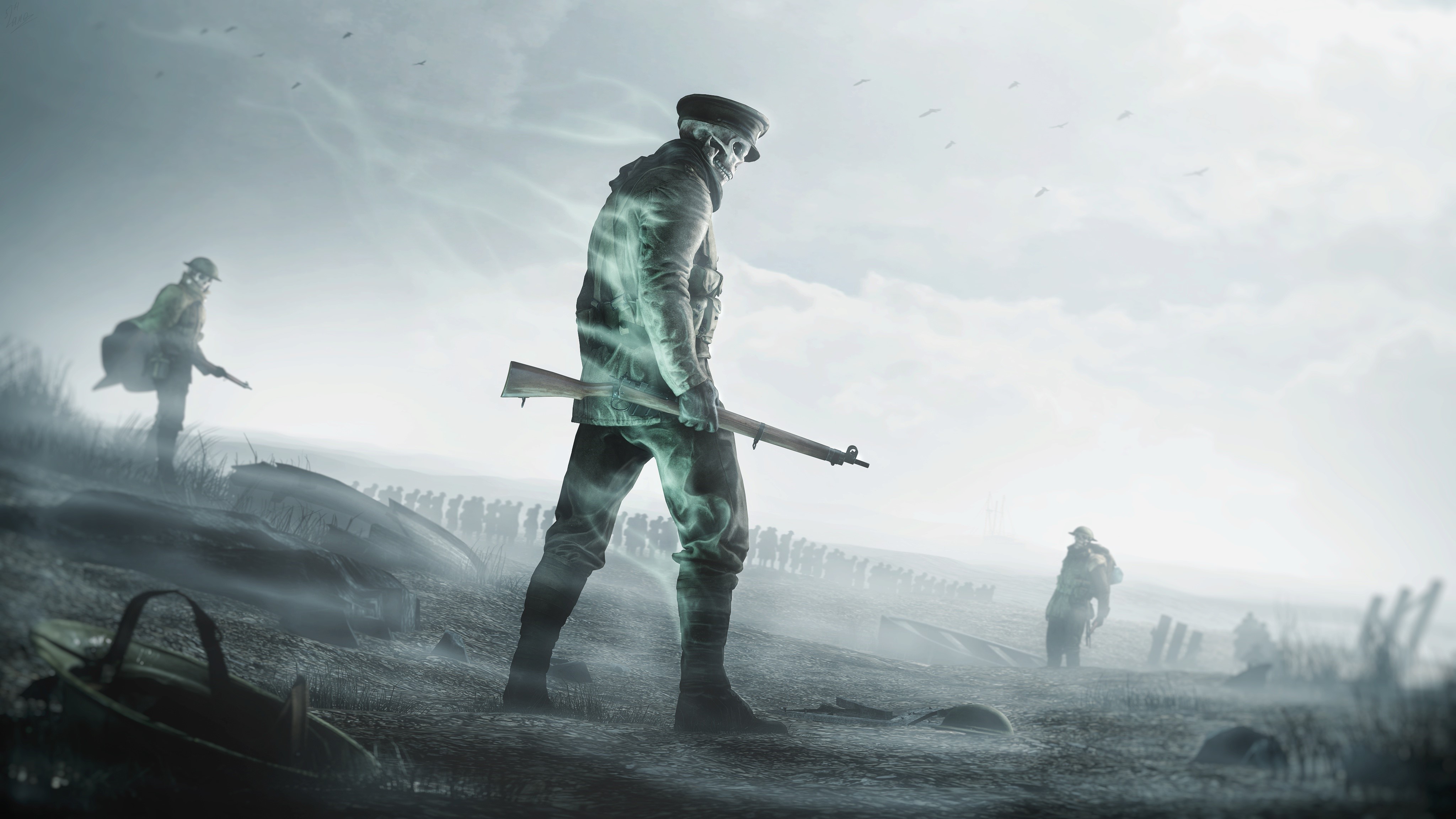 Ghosts of soldiers with rifles in a war-torn landscape HD Wallpaper