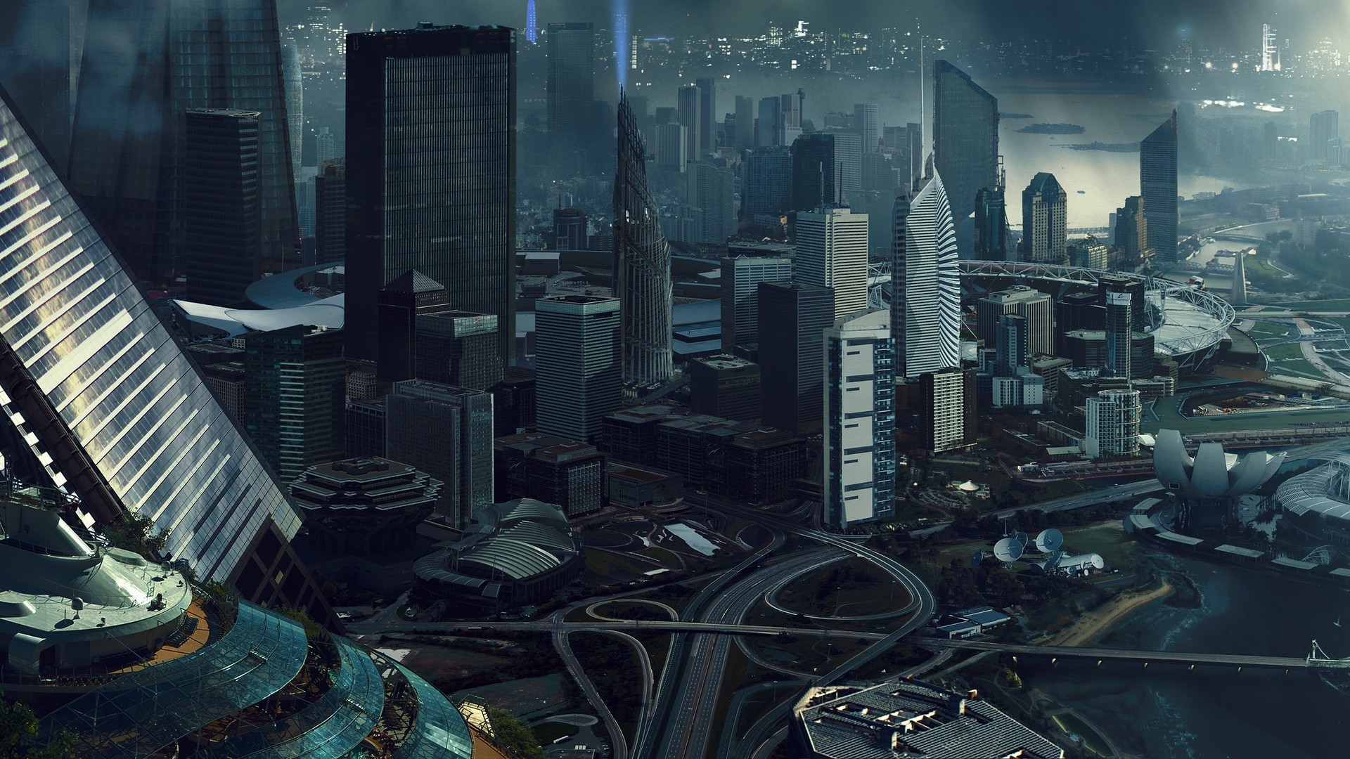 Futuristic cityscape with modern architecture and highways HD Wallpaper