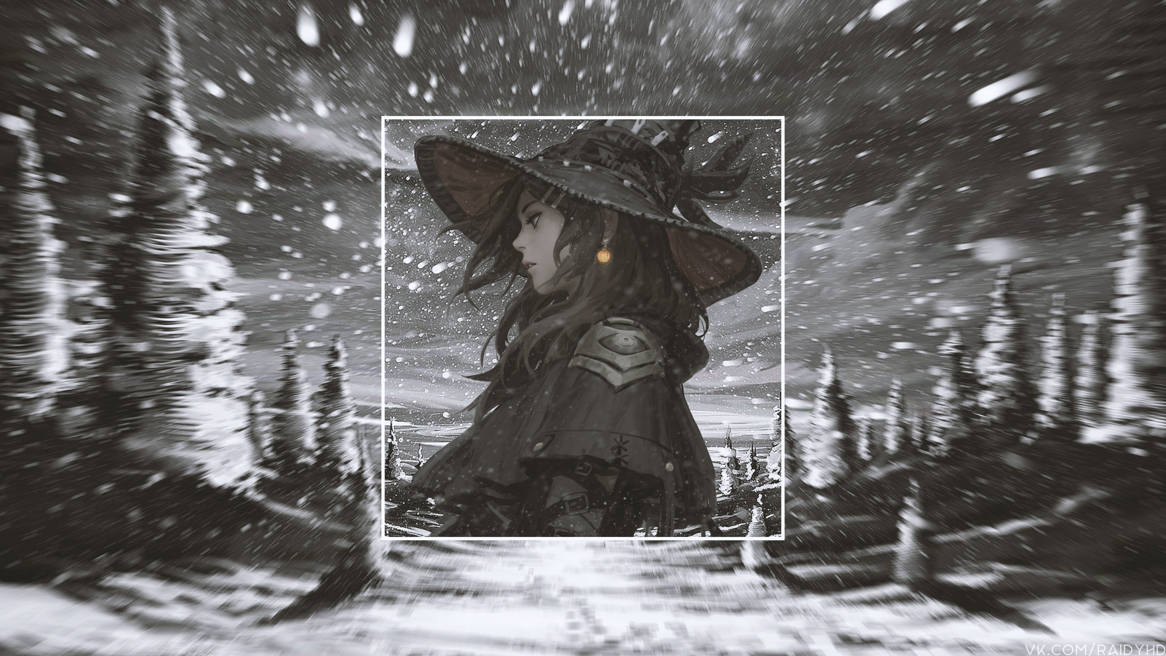 Anime girl with hat in snow HD Wallpaper