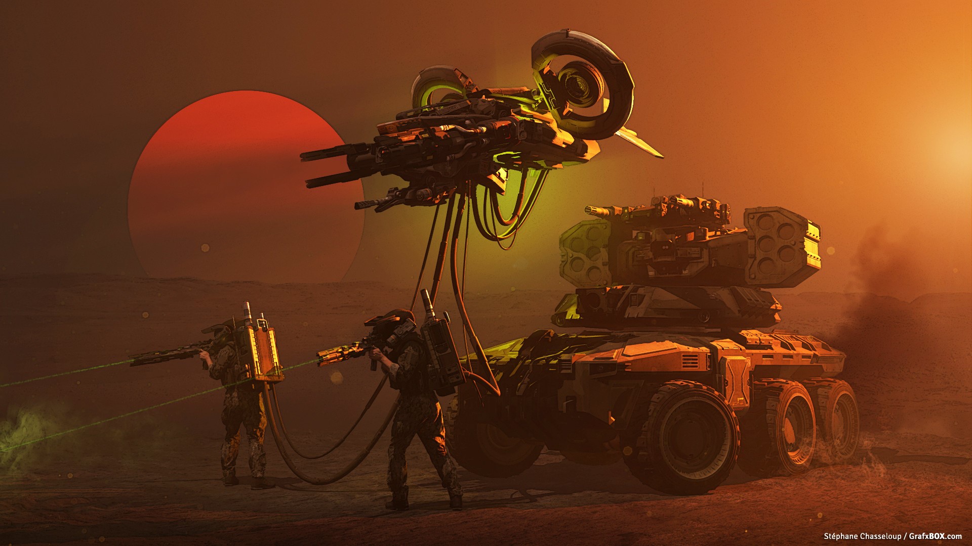 Sci-fi soldiers with advanced vehicles and a large red sun HD Wallpaper
