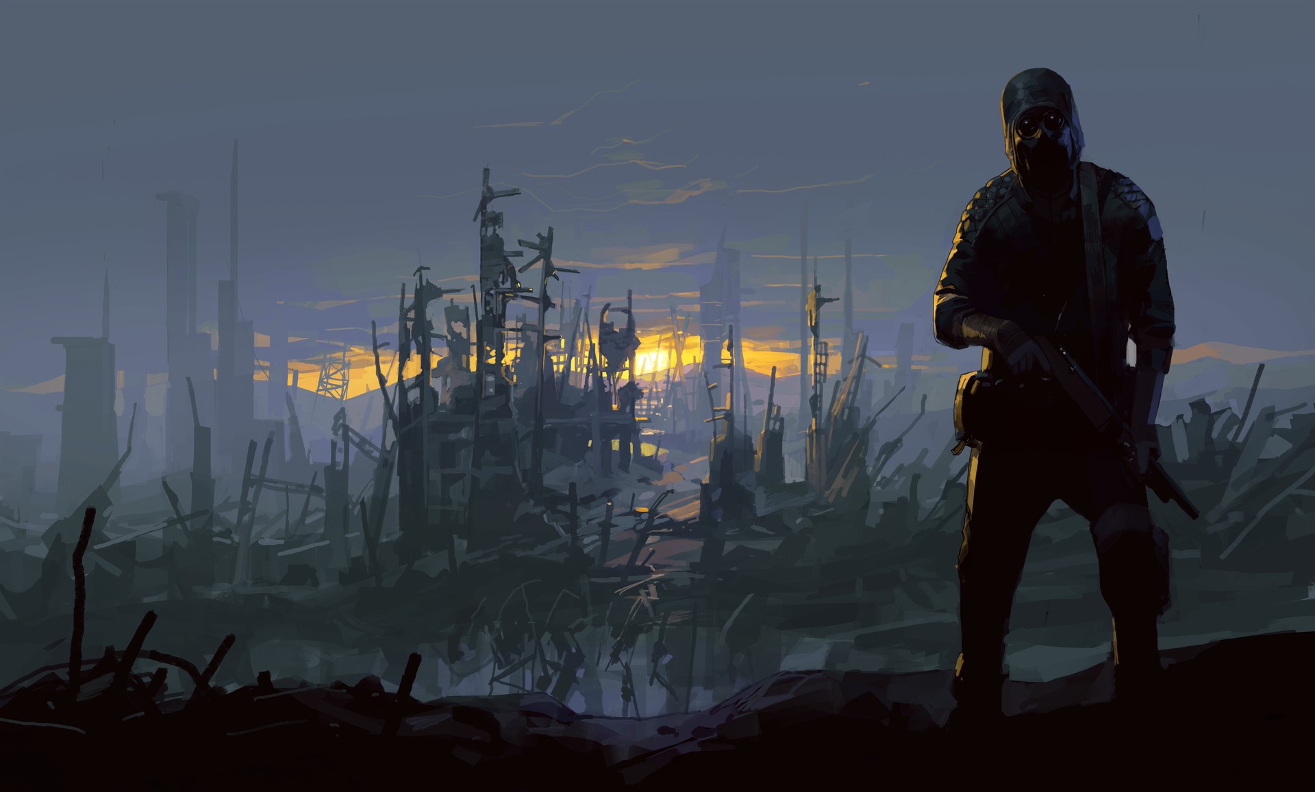 Soldier in gas mask in ruined city at sunset HD Wallpaper