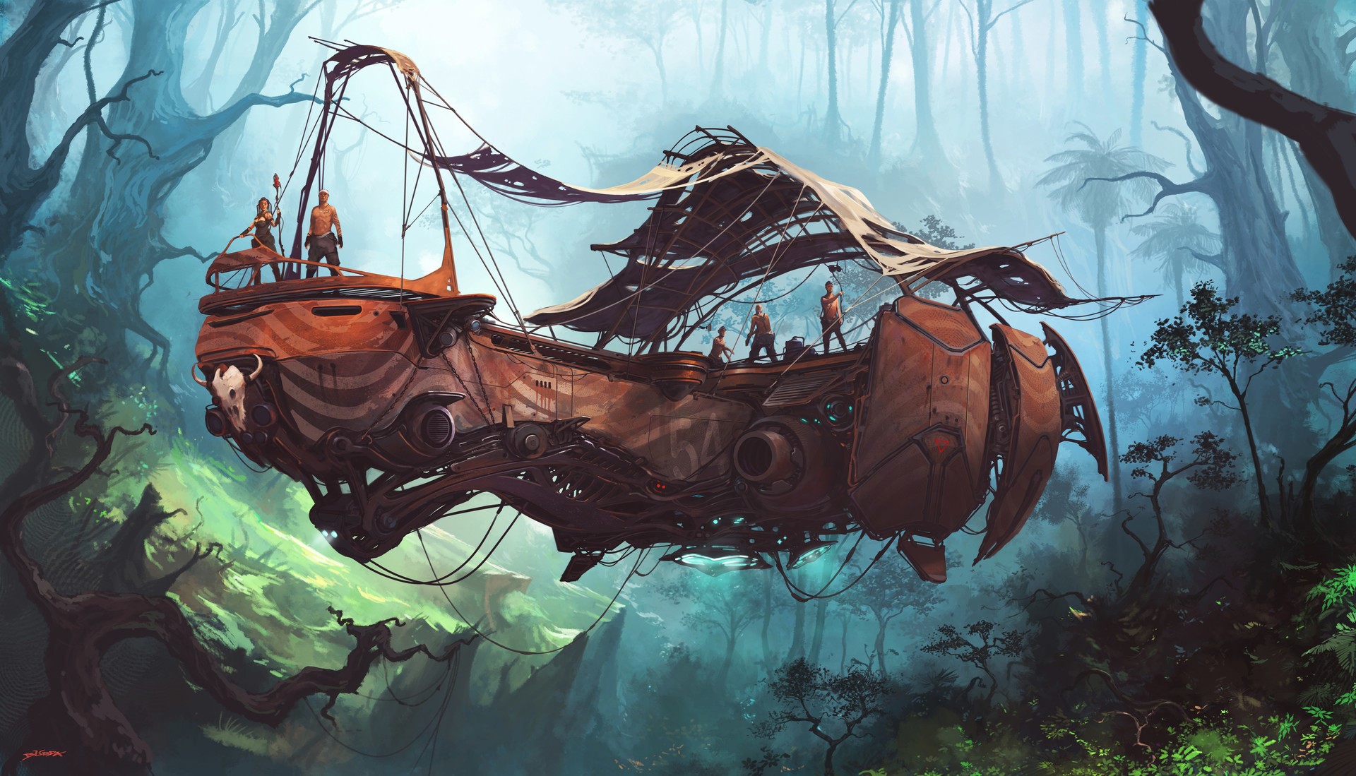 Steampunk airship flying through a misty jungle HD Wallpaper