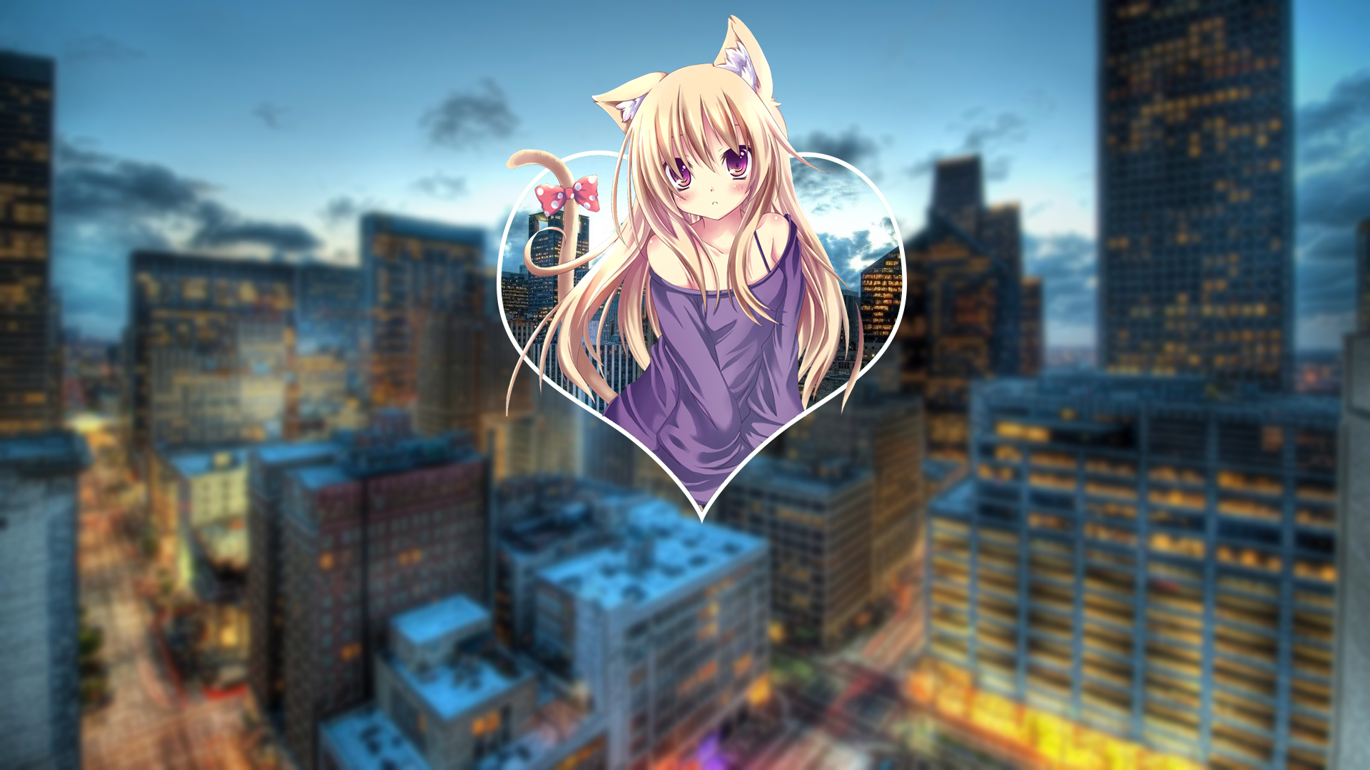 Anime Cat Girl in Heart Frame Over Cityscape HD Wallpaper