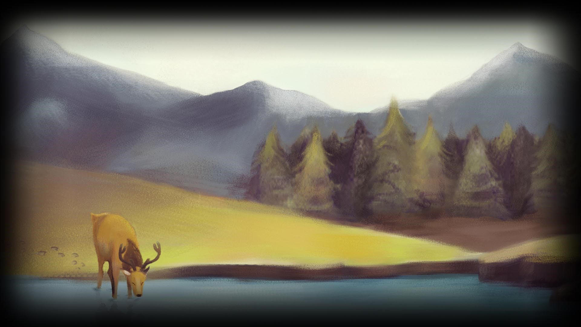 Painting of a deer drinking water by a lake with mountains and trees HD Wallpaper