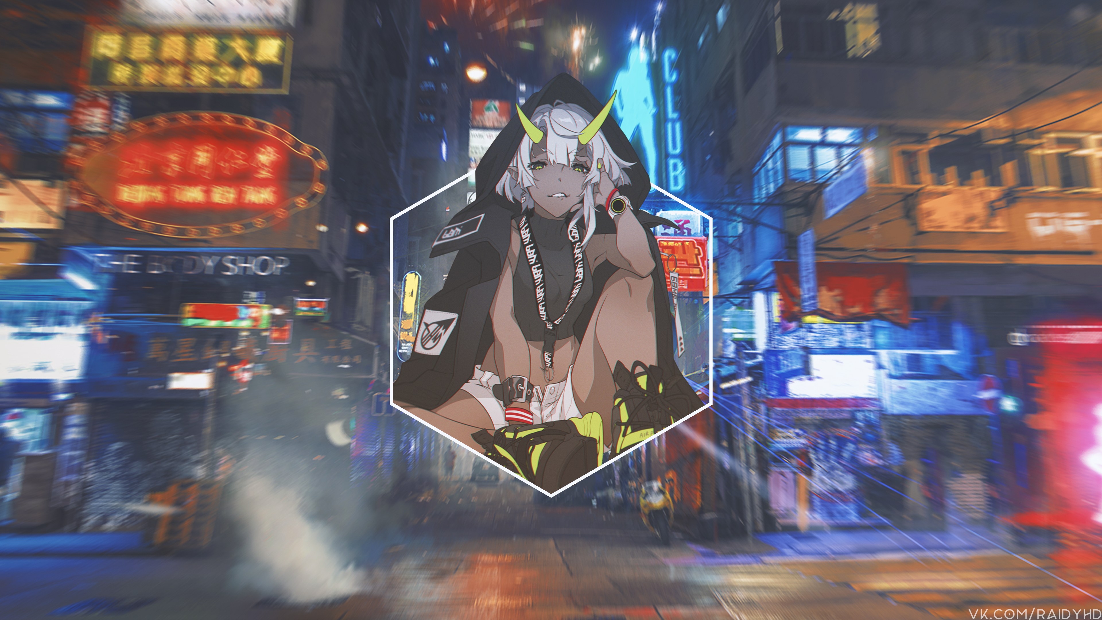 Anime girl with horns in a neon city HD Wallpaper