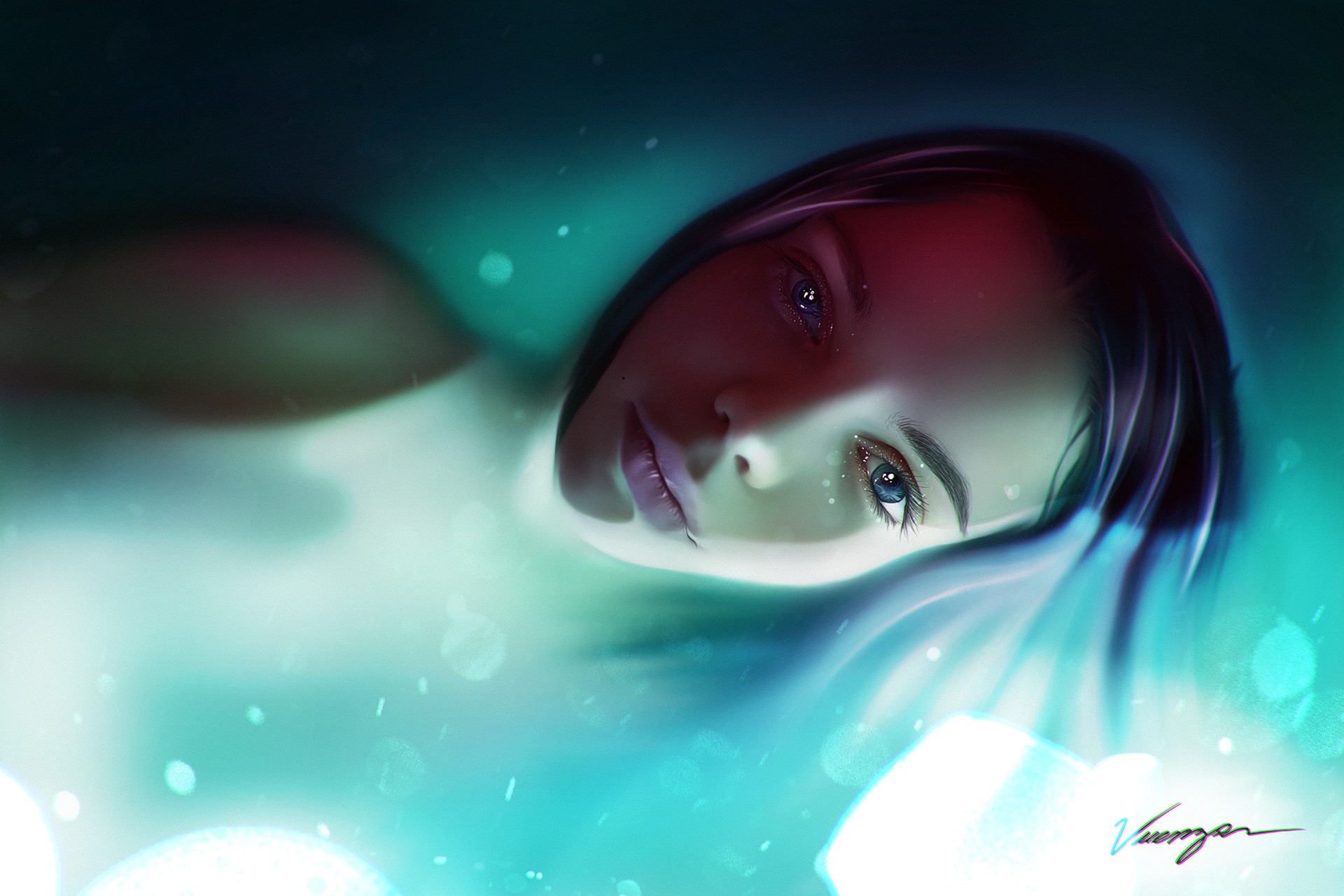 Woman with blue eyes in water HD Wallpaper