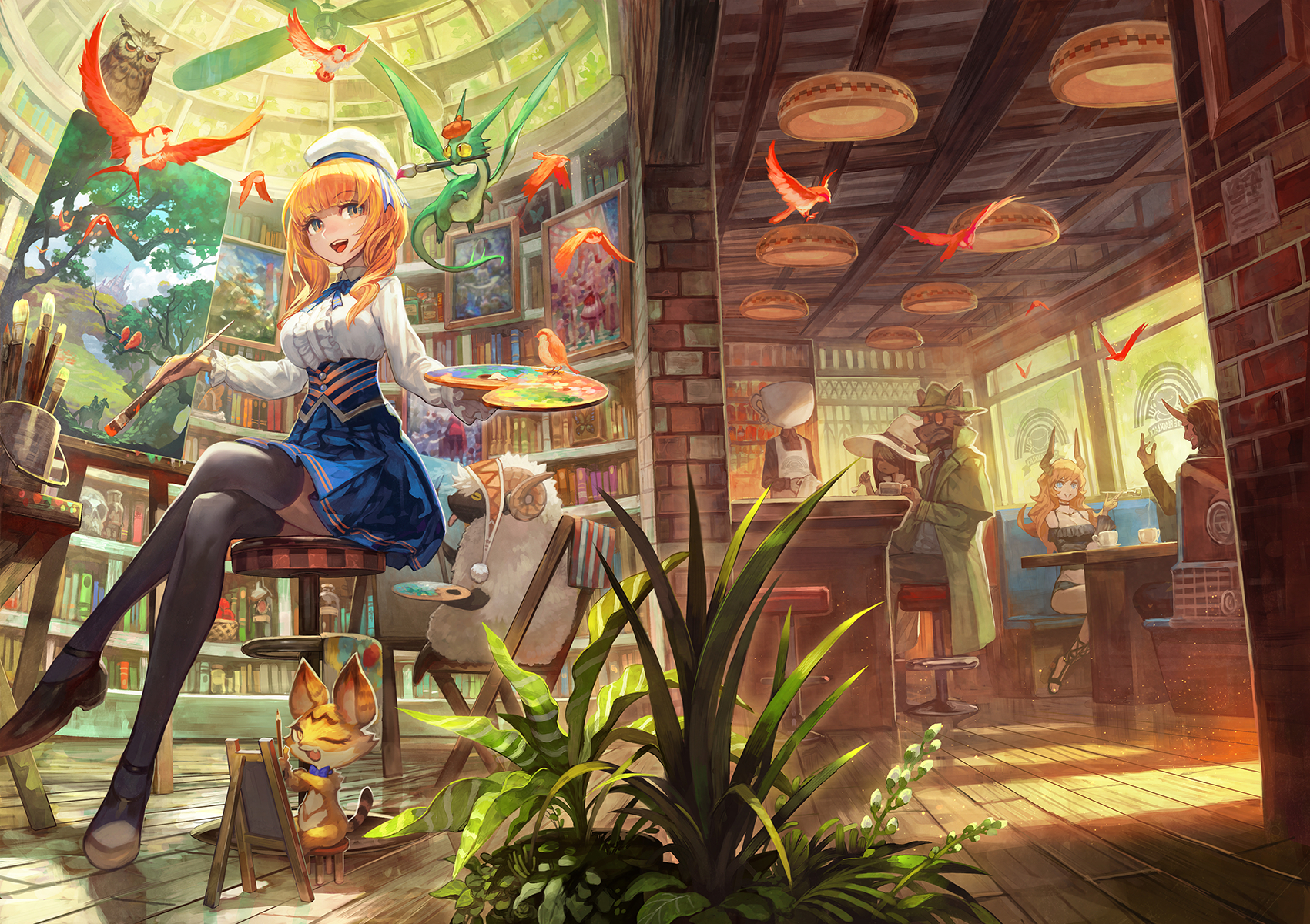 Anime girl painting in a cafe with birds and a fox HD Wallpaper