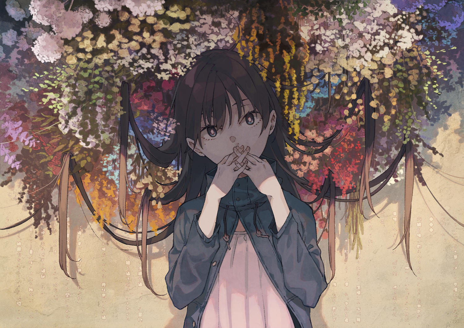 Anime girl with dark hair in front of flowers HD Wallpaper