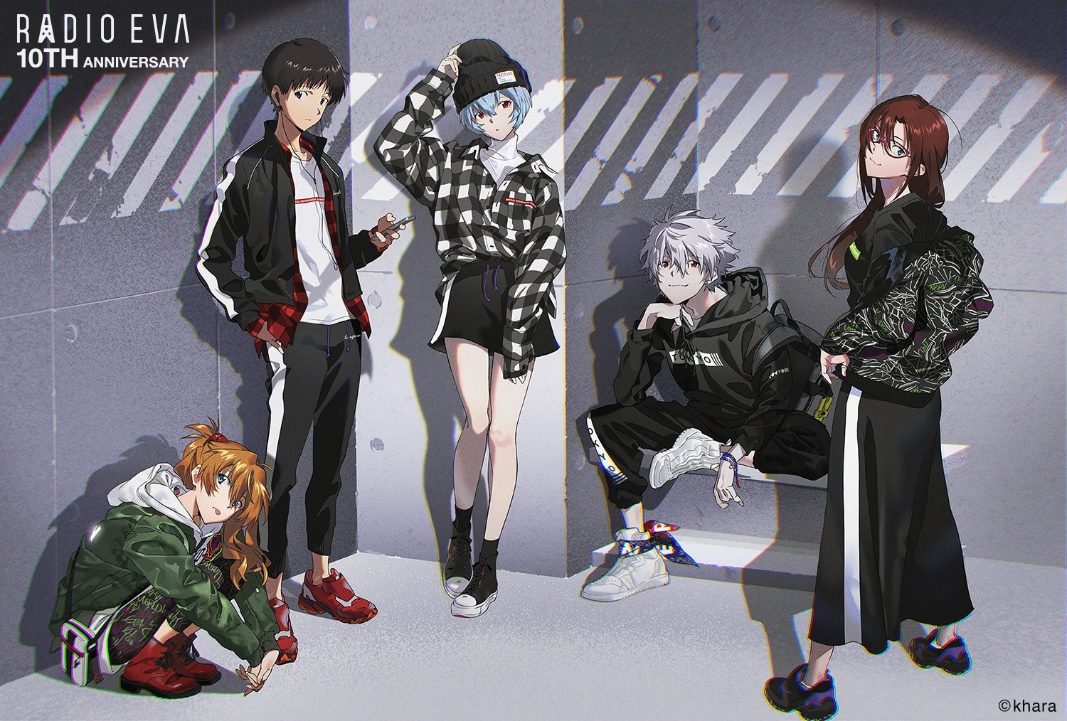 RADIO EVA 10th Anniversary: Evangelion characters in streetwear HD Wallpaper