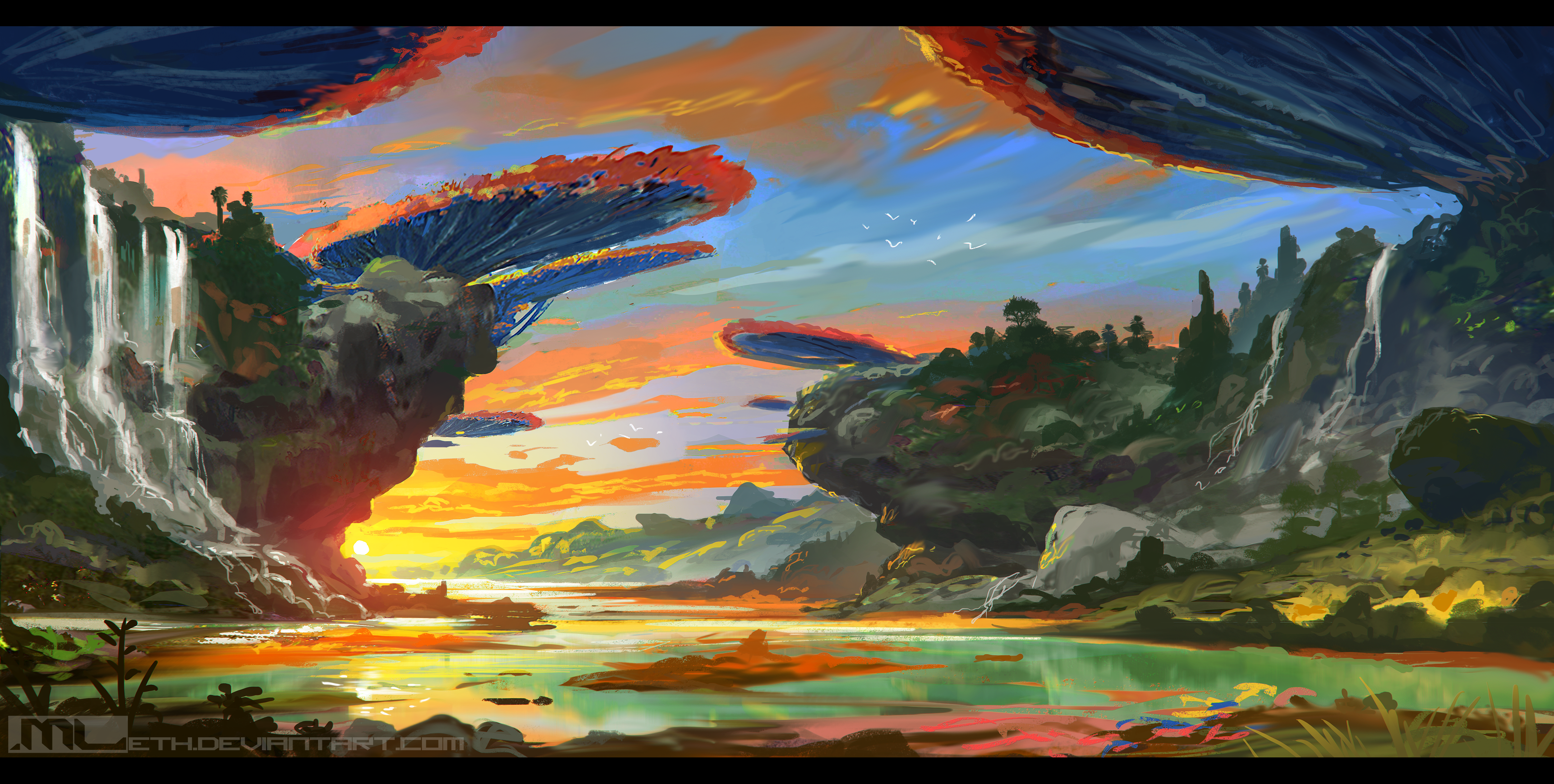 Fantasy landscape with waterfalls and alien flora HD Wallpaper