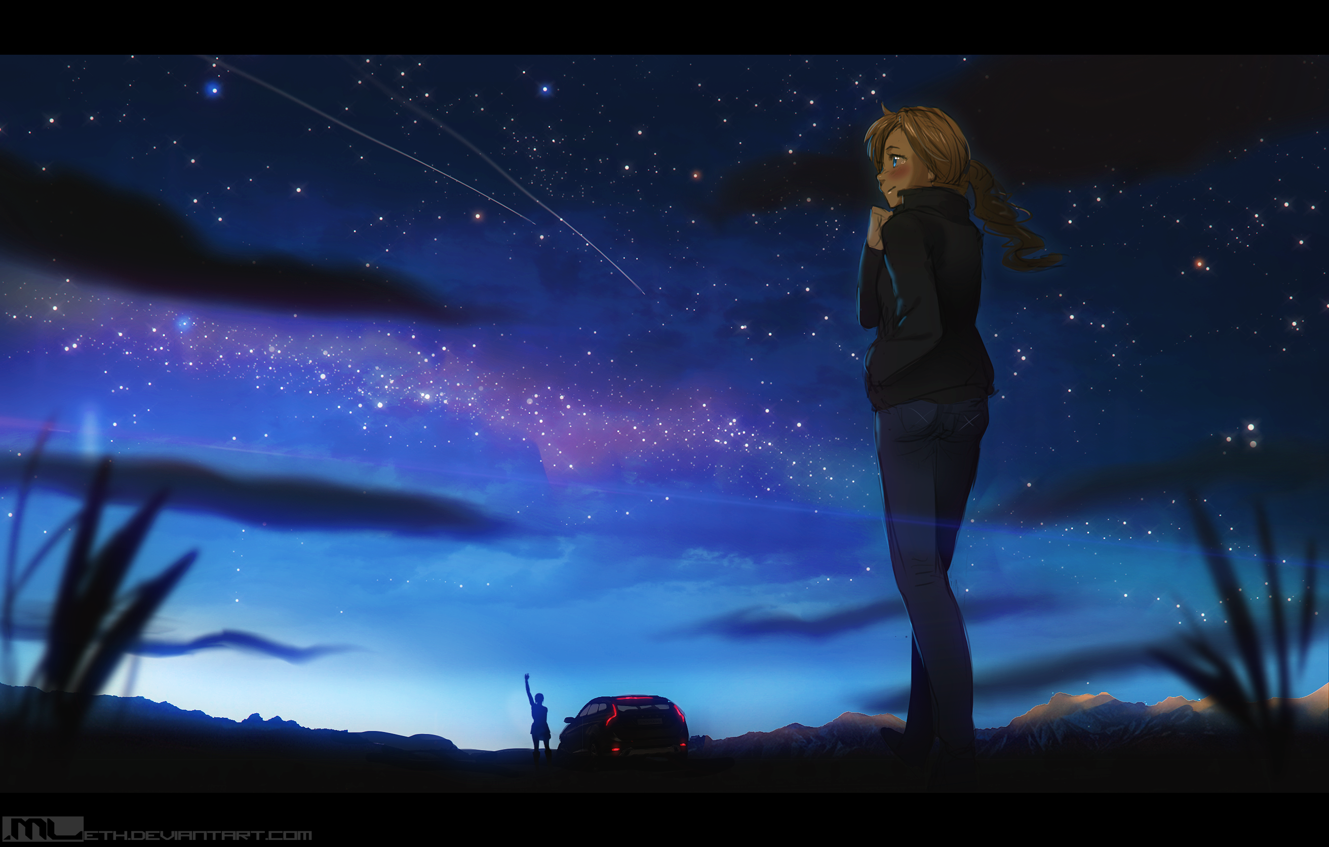 Anime girl looking at the starry sky with a car and another person HD Wallpaper