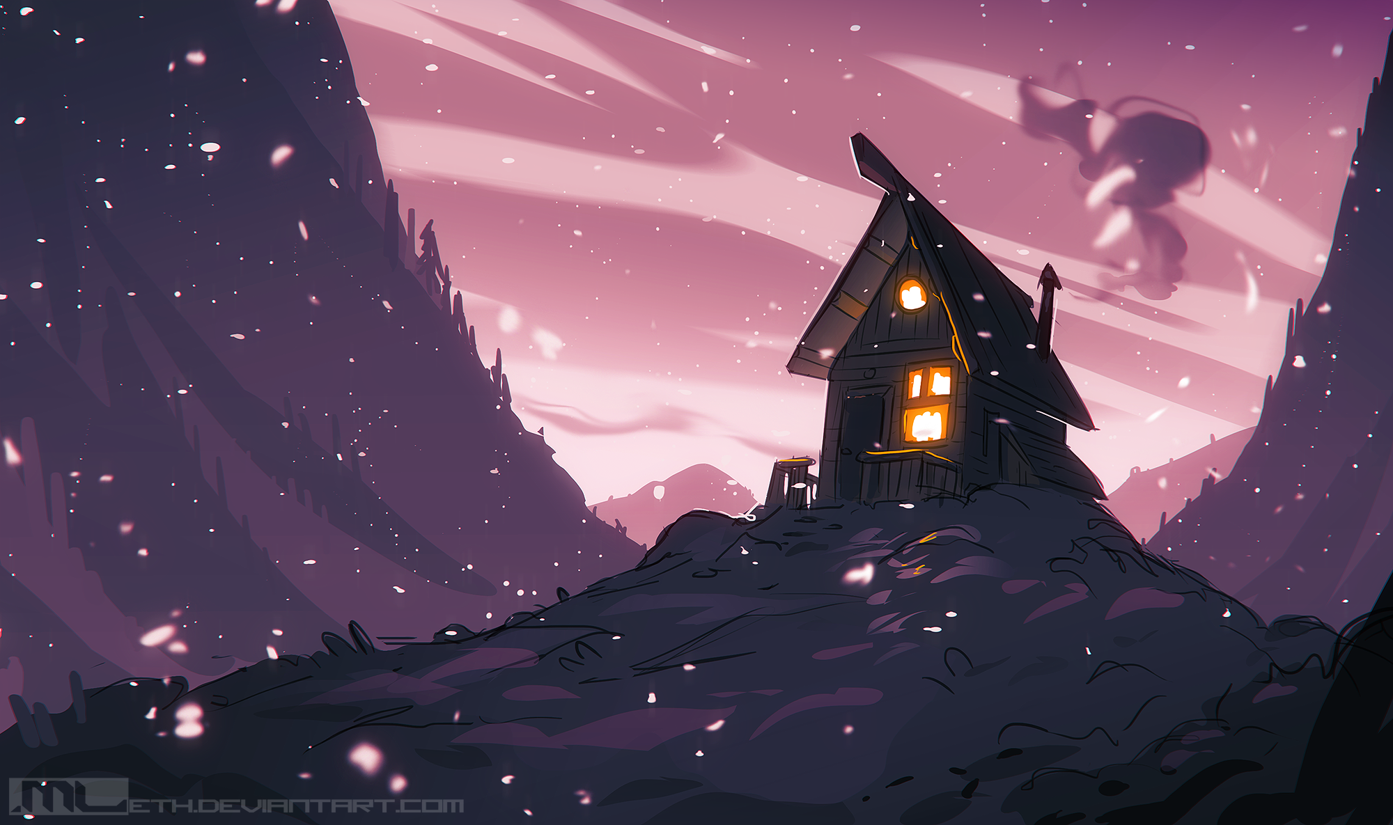 Cabin in a snowy mountain landscape at dusk HD Wallpaper