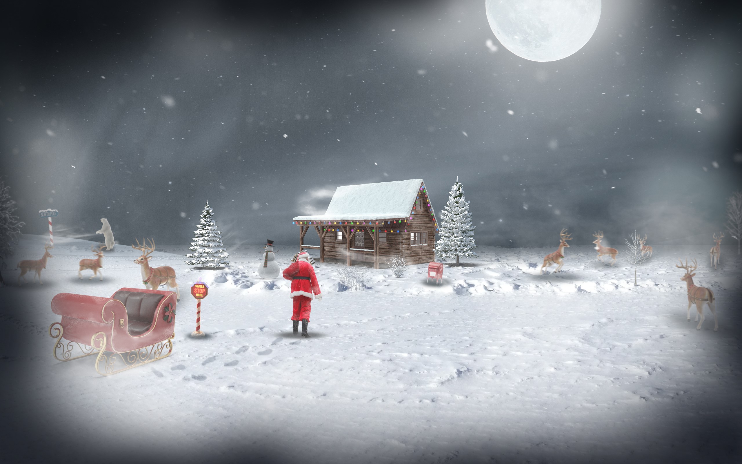 Santa Claus at the North Pole with reindeer and sleigh HD Wallpaper