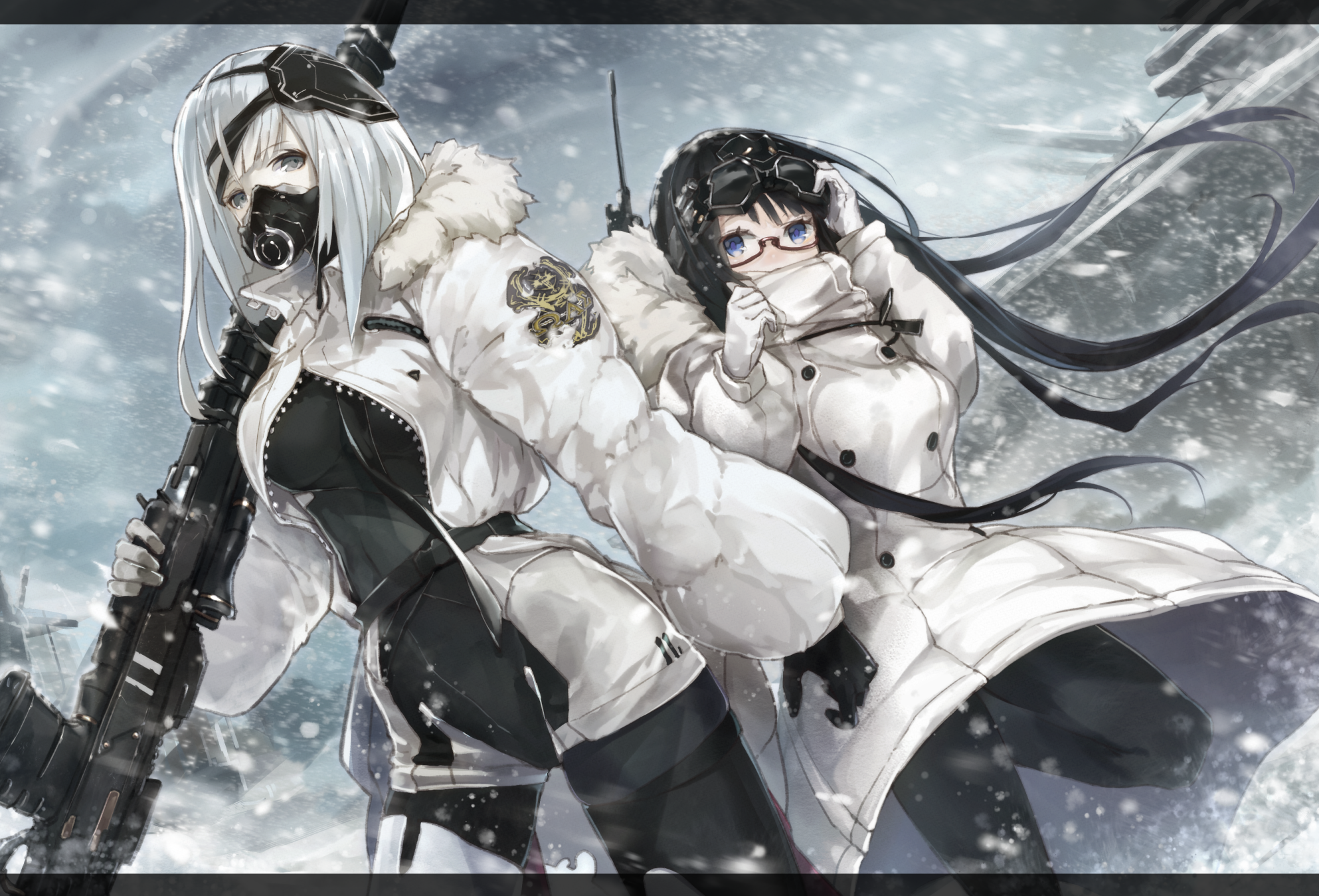 Two anime girls in winter coats with guns HD Wallpaper