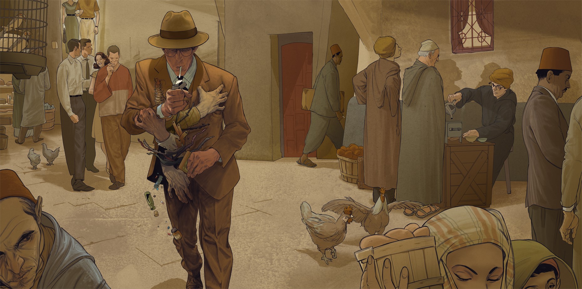 Men and chickens in a marketplace HD Wallpaper