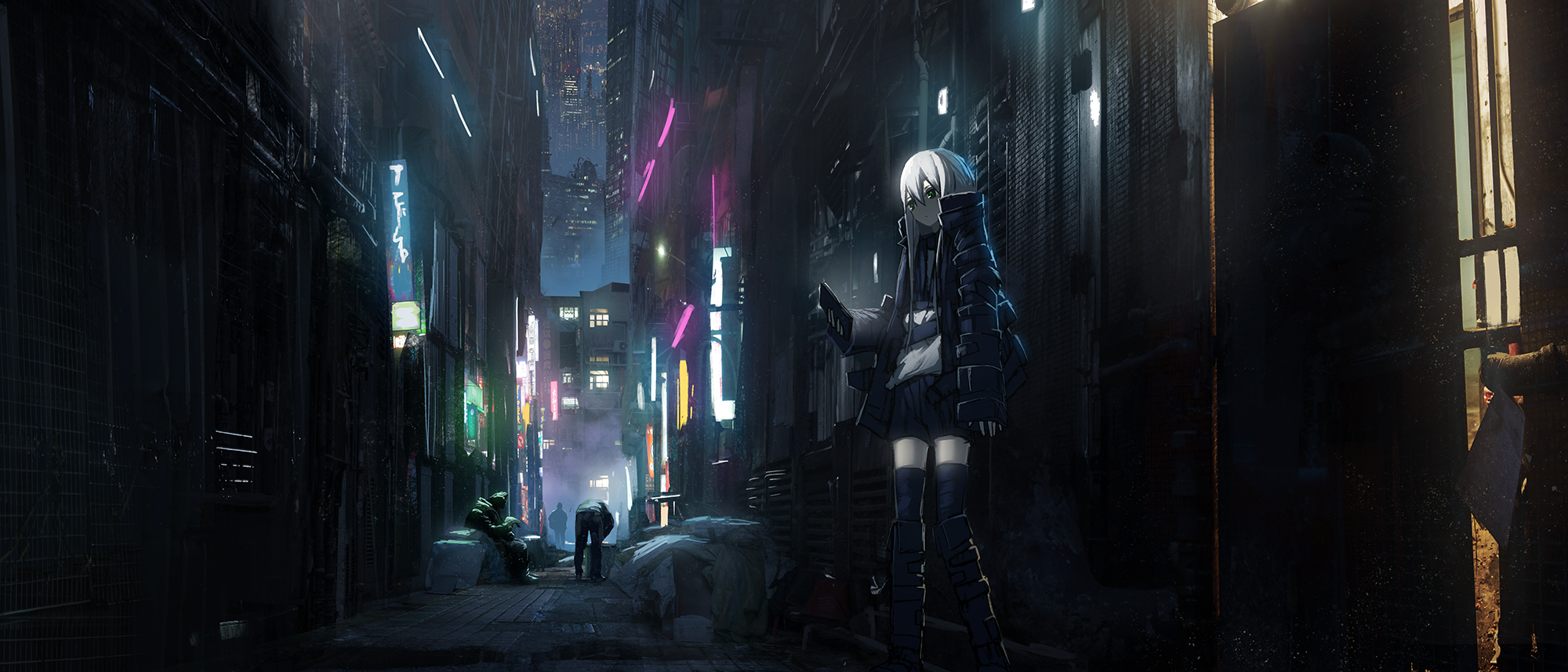 Anime girl in a dark cyberpunk alleyway HD Wallpaper
