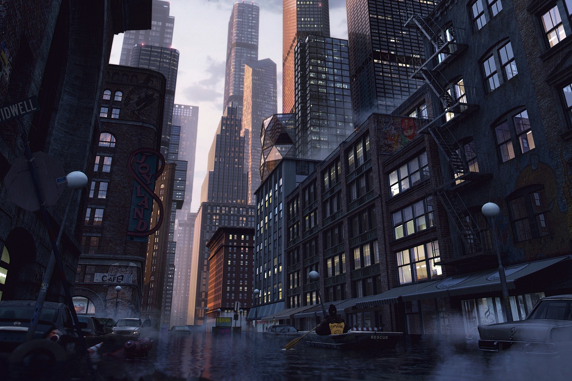 Flooded city street with skyscrapers and rescue boat HD Wallpaper