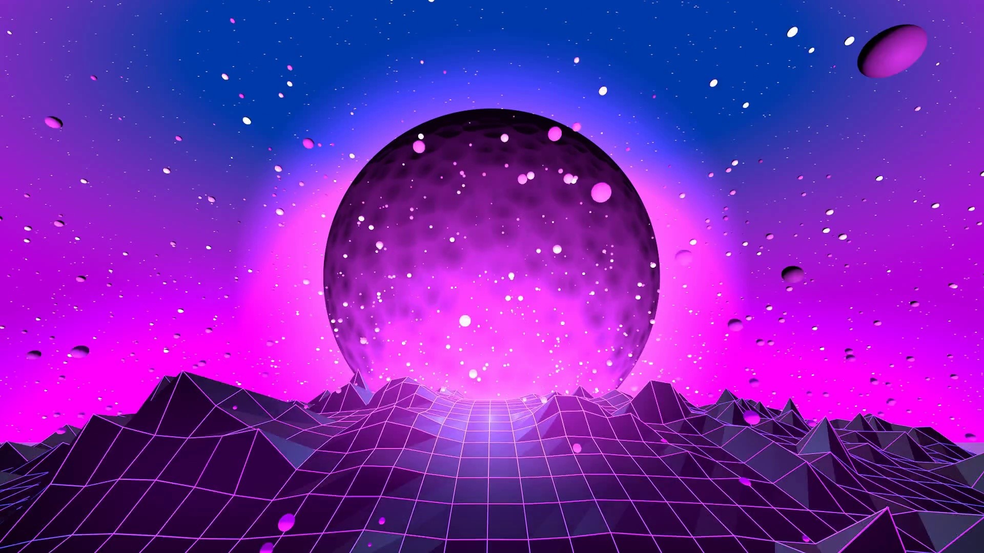 Retrowave landscape with neon planet and grid mountains HD Wallpaper